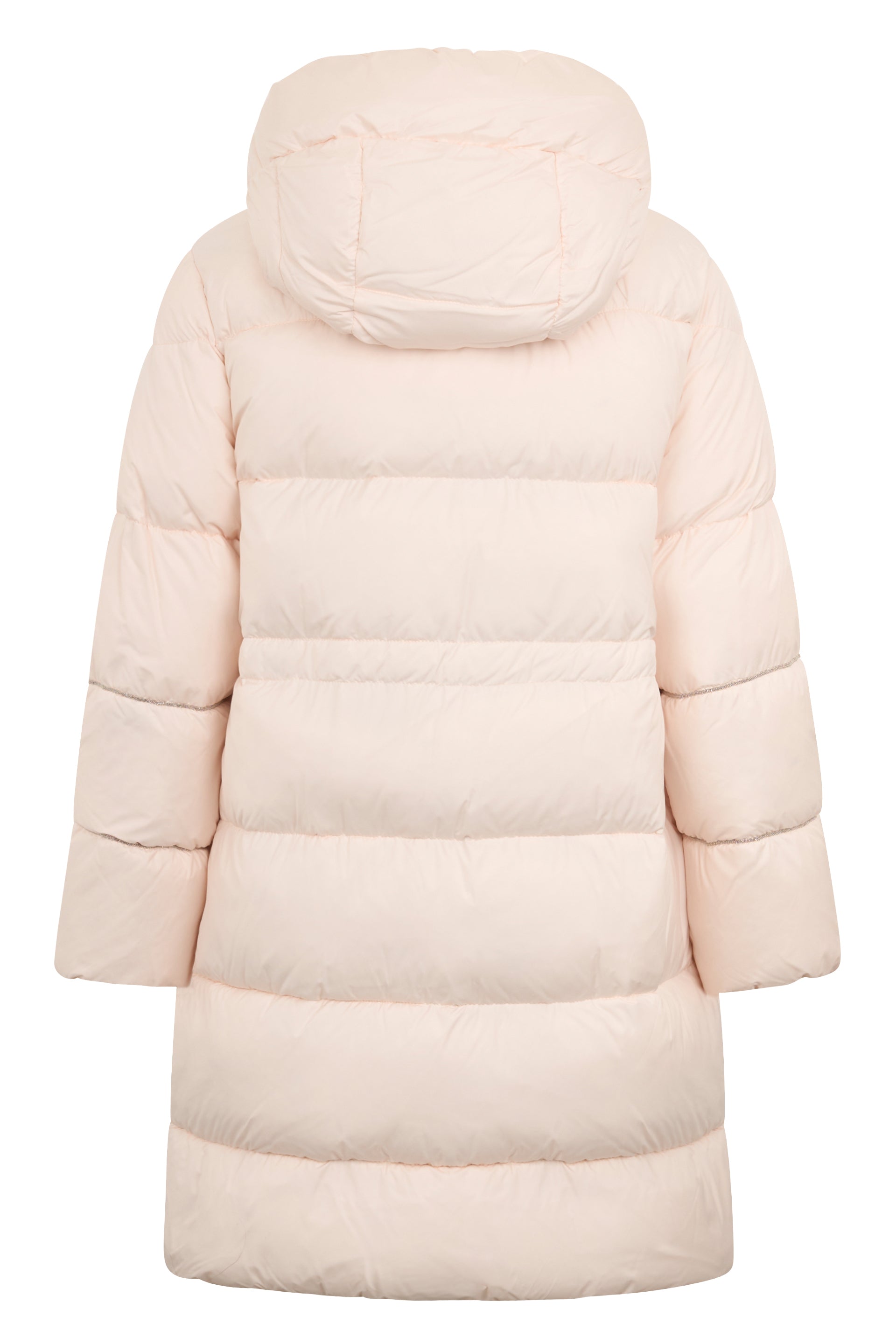 Light pink padded coat with hood, ideal for a fashionable winter look.