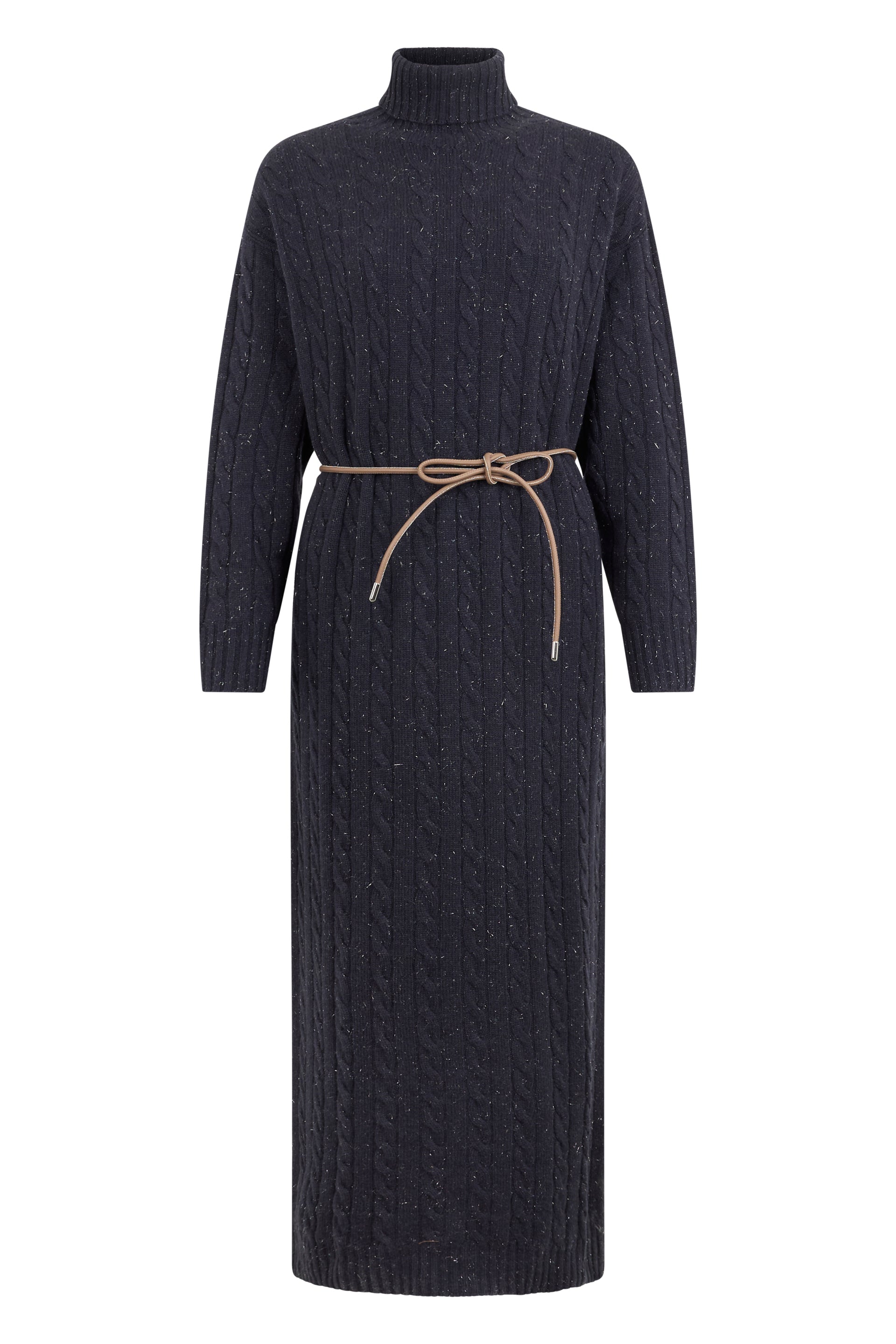 Long knit dress with elegant design, belt, and high collar.