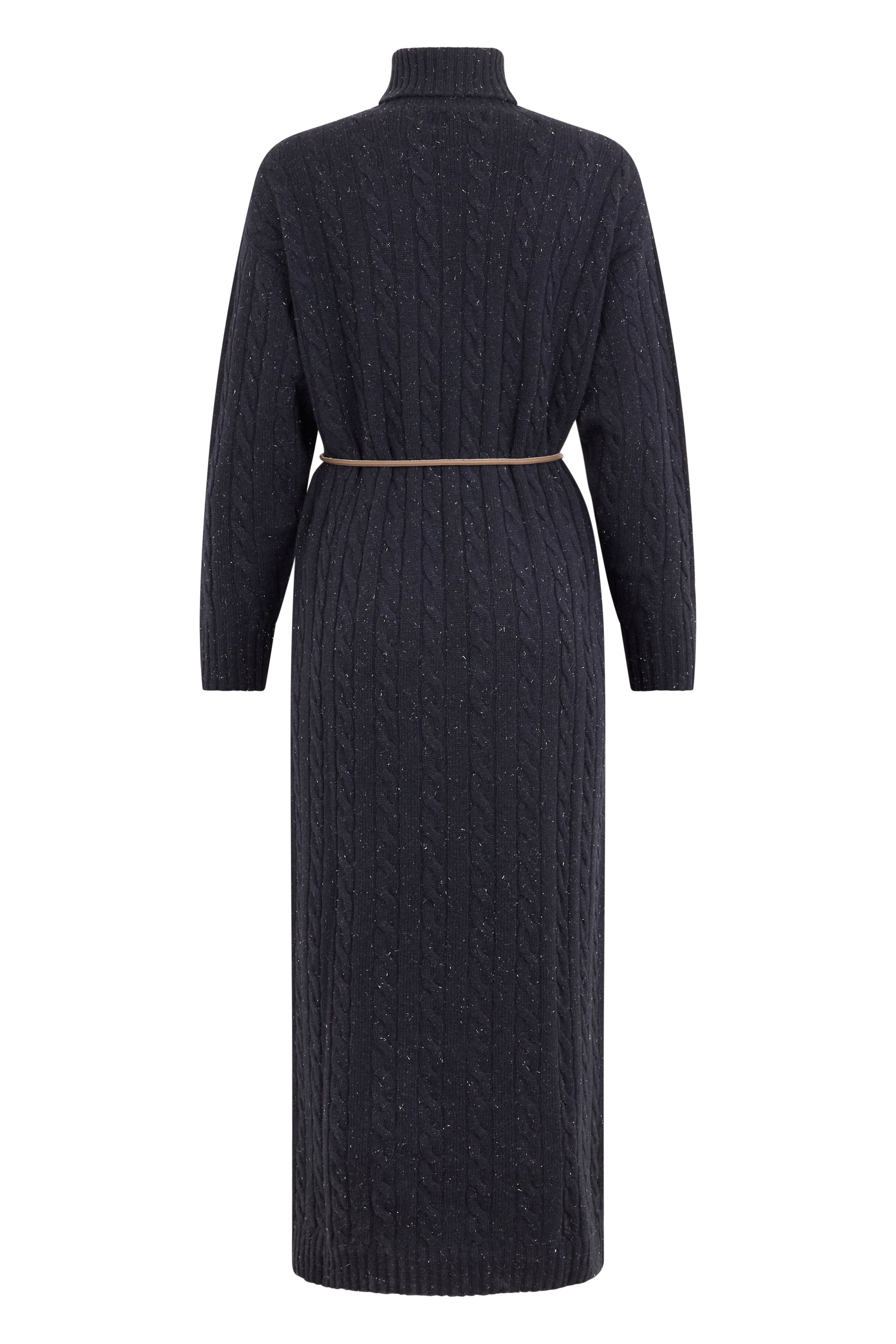 Long knit dress with elegant design, belt, and high collar.