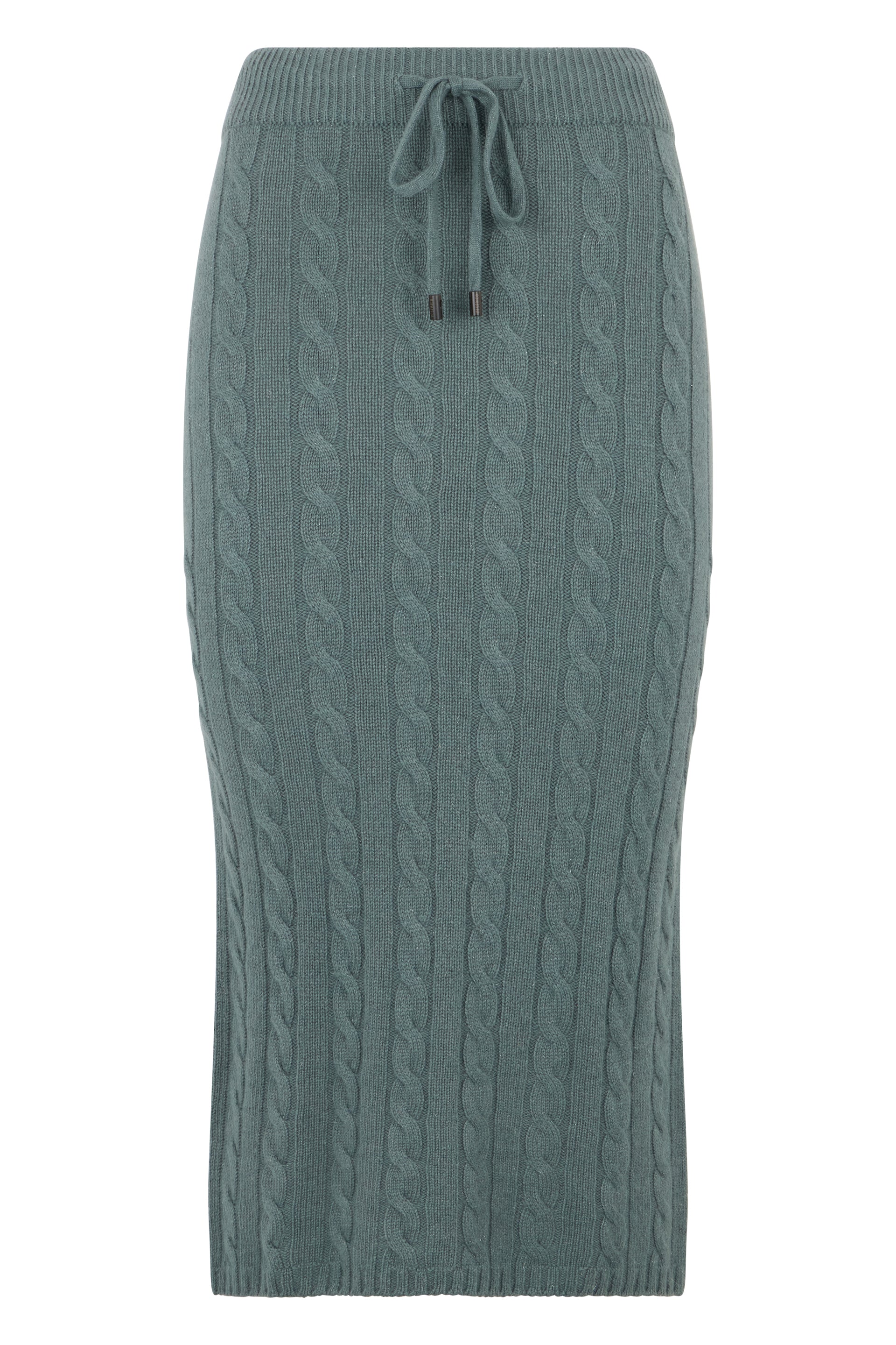 Long elegant dress in soft petrol-colored fabric.