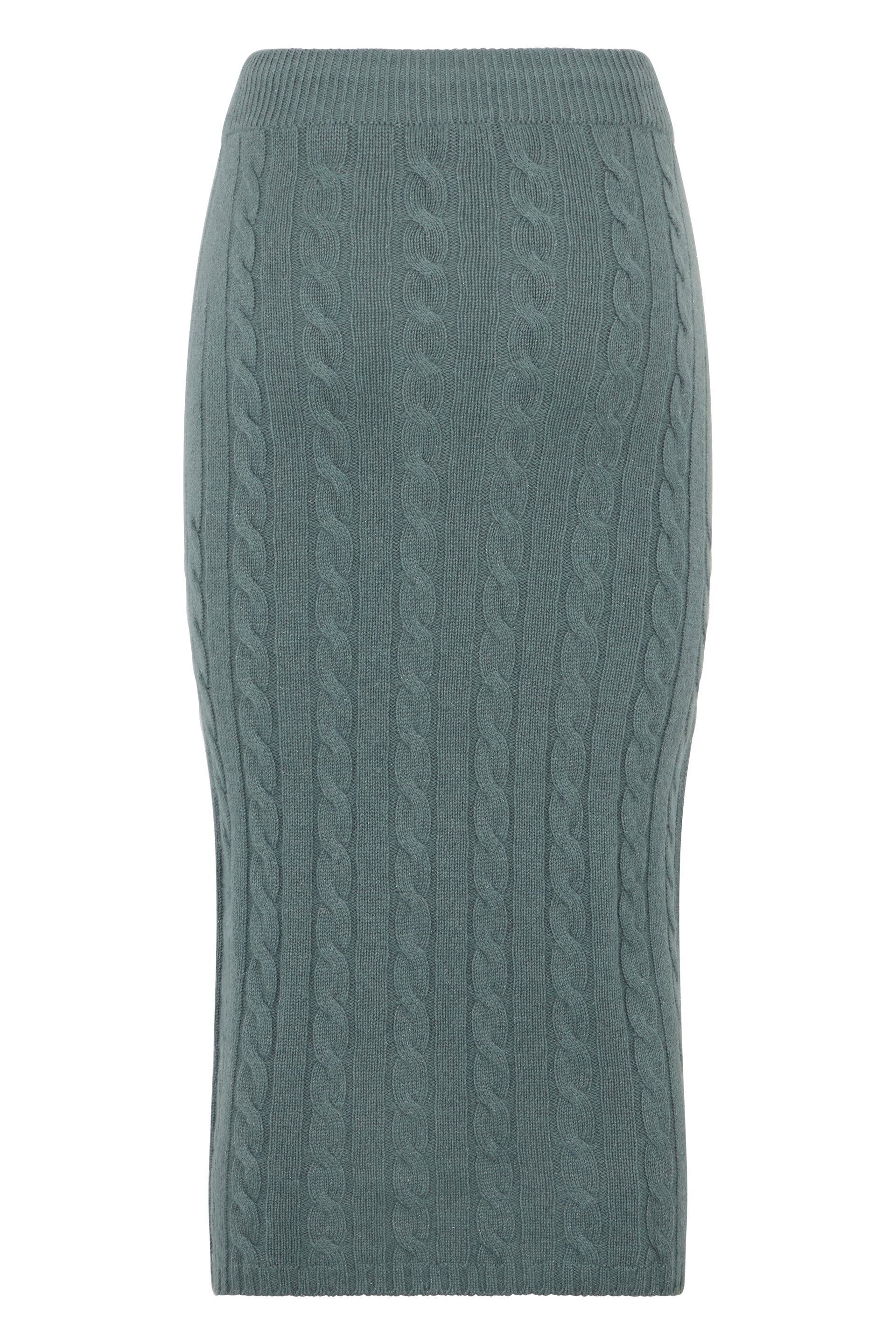 Long elegant dress in soft petrol-colored fabric.