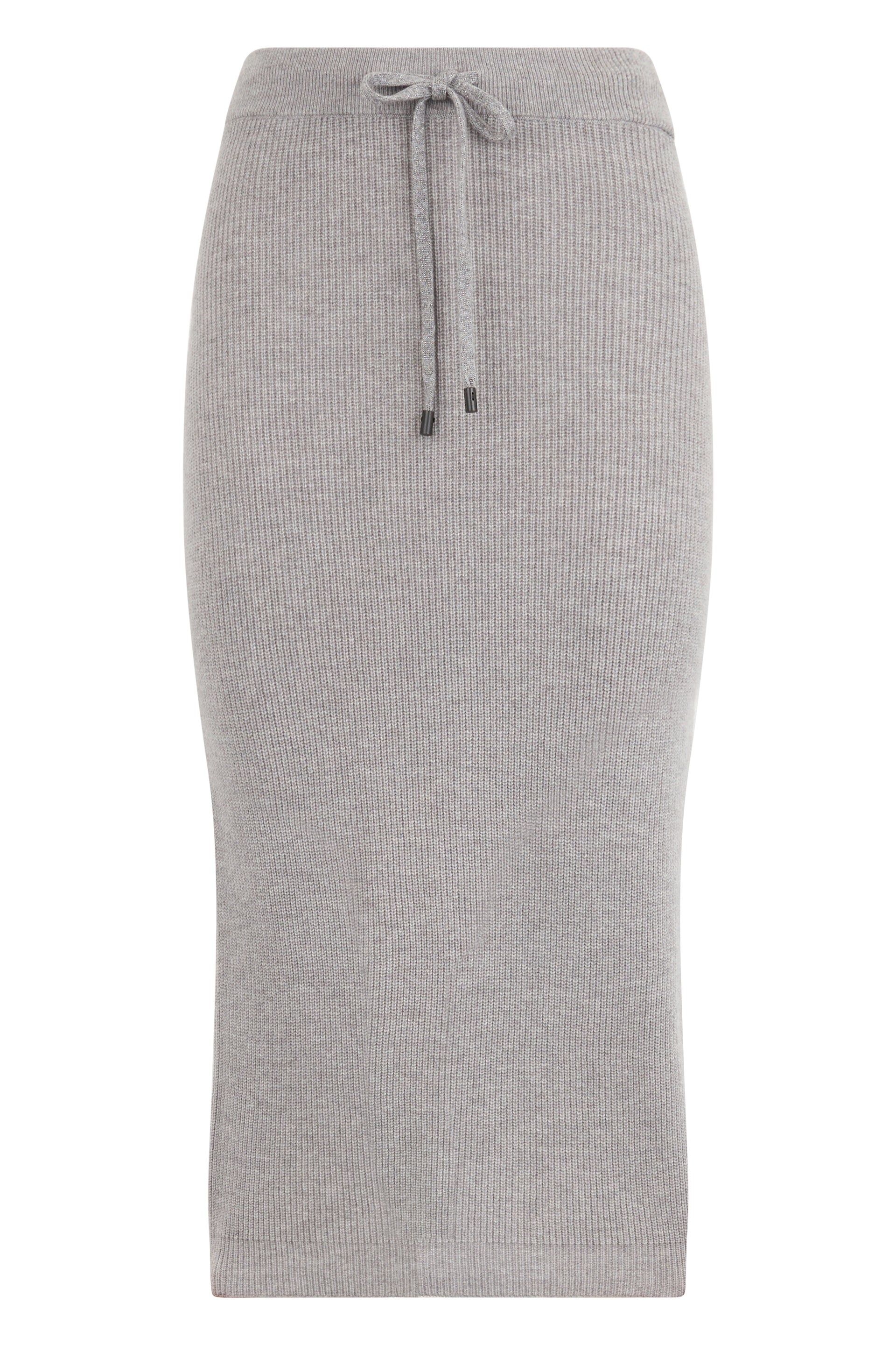 Gray ribbed knit pencil skirt with adjustable waist.