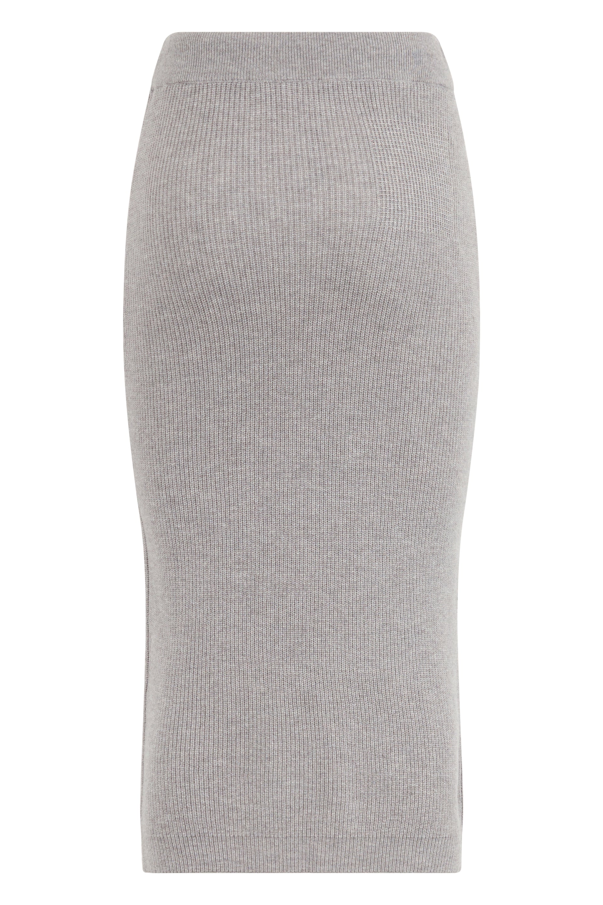 Gray ribbed knit pencil skirt with adjustable waist.