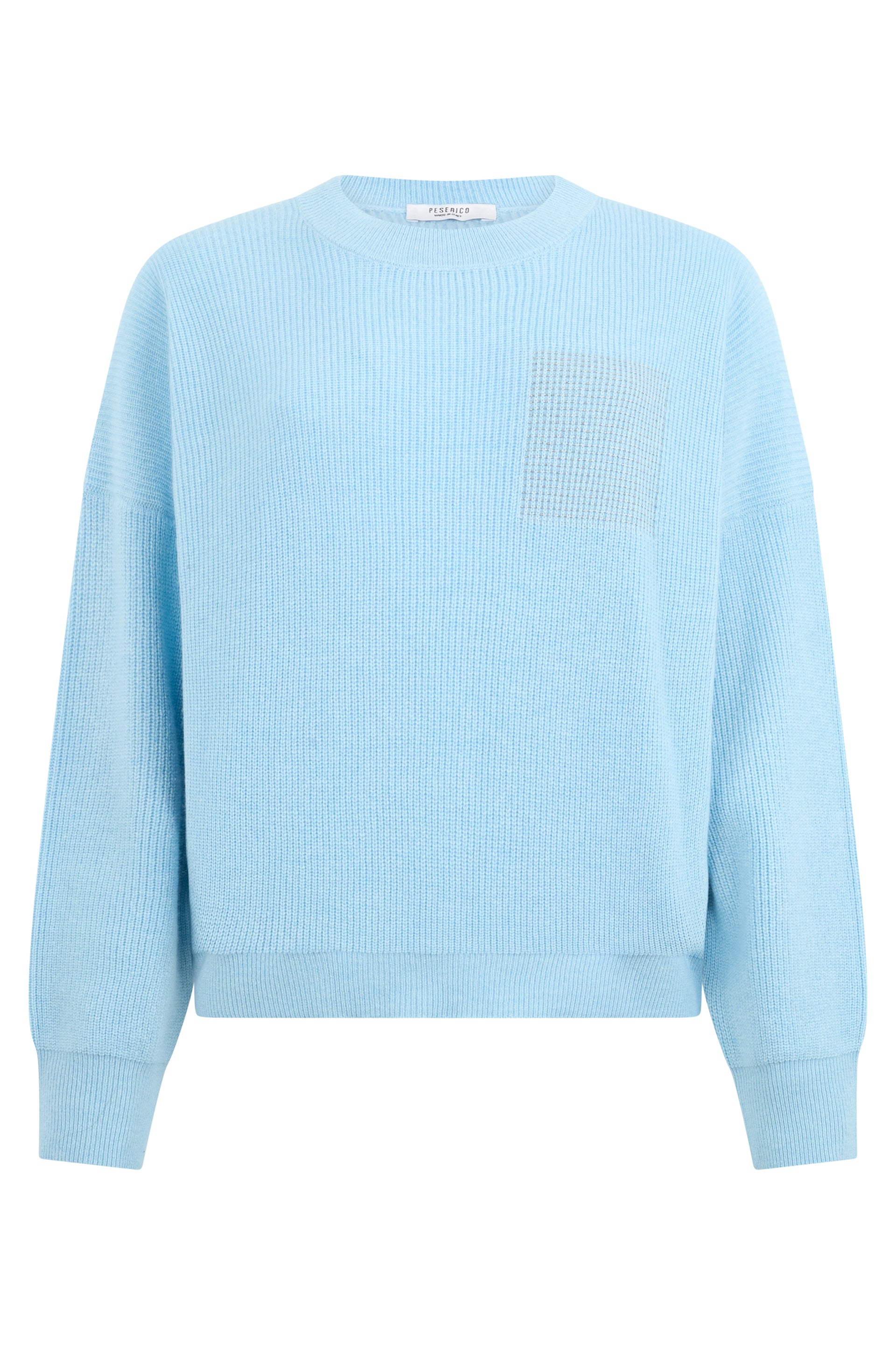 Blue crewneck sweater with a minimalist design.