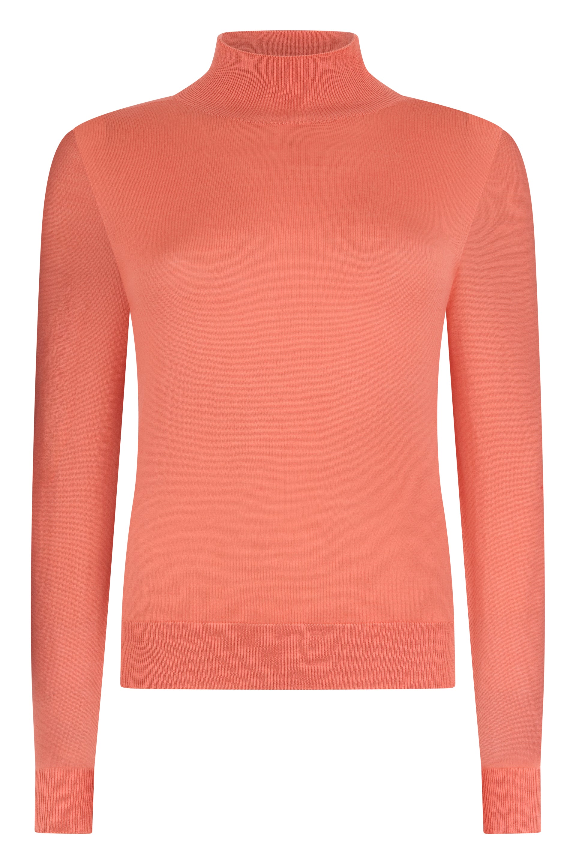 Salmon colored sweater with long sleeves and high collar.