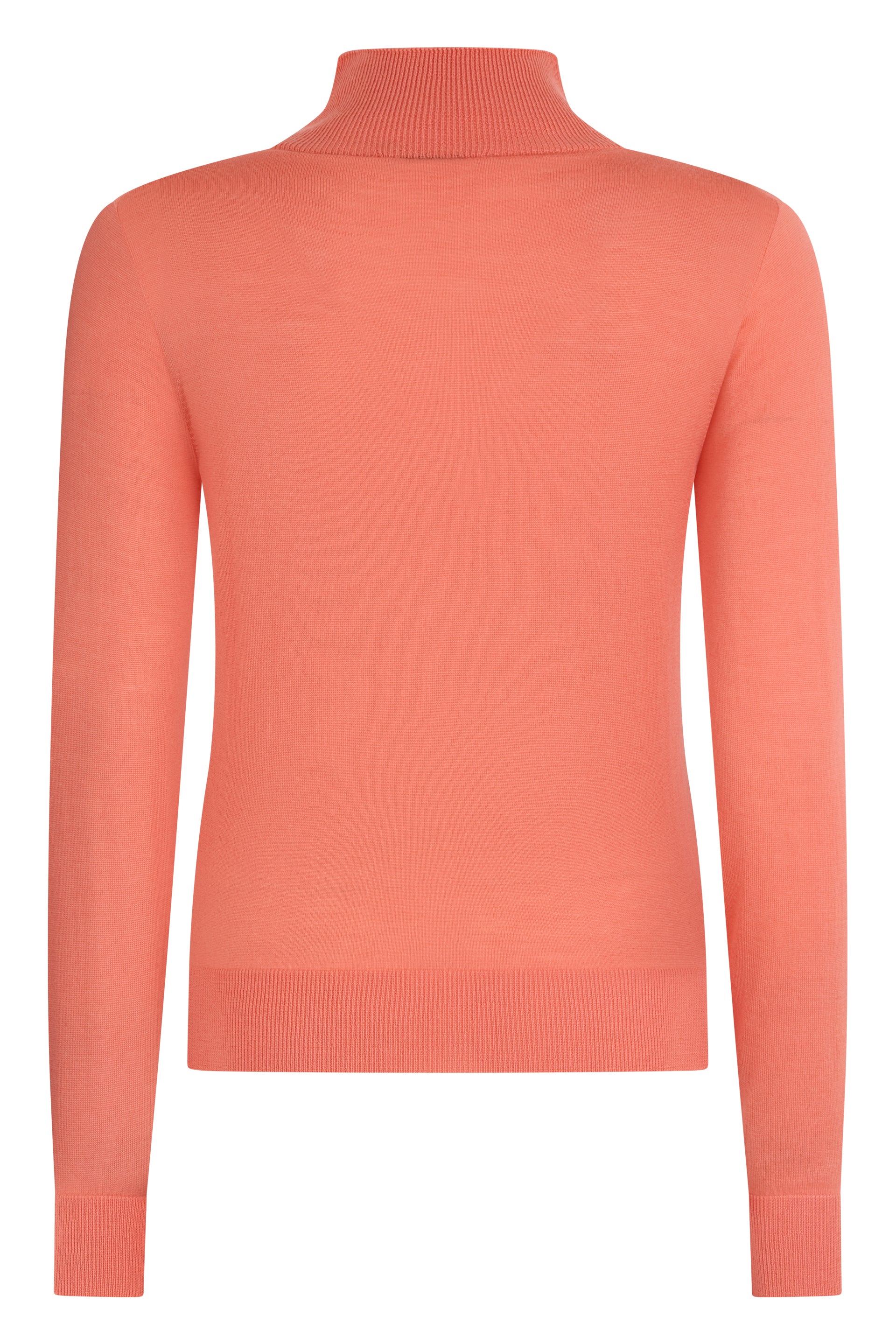 Salmon colored sweater with long sleeves and high collar.