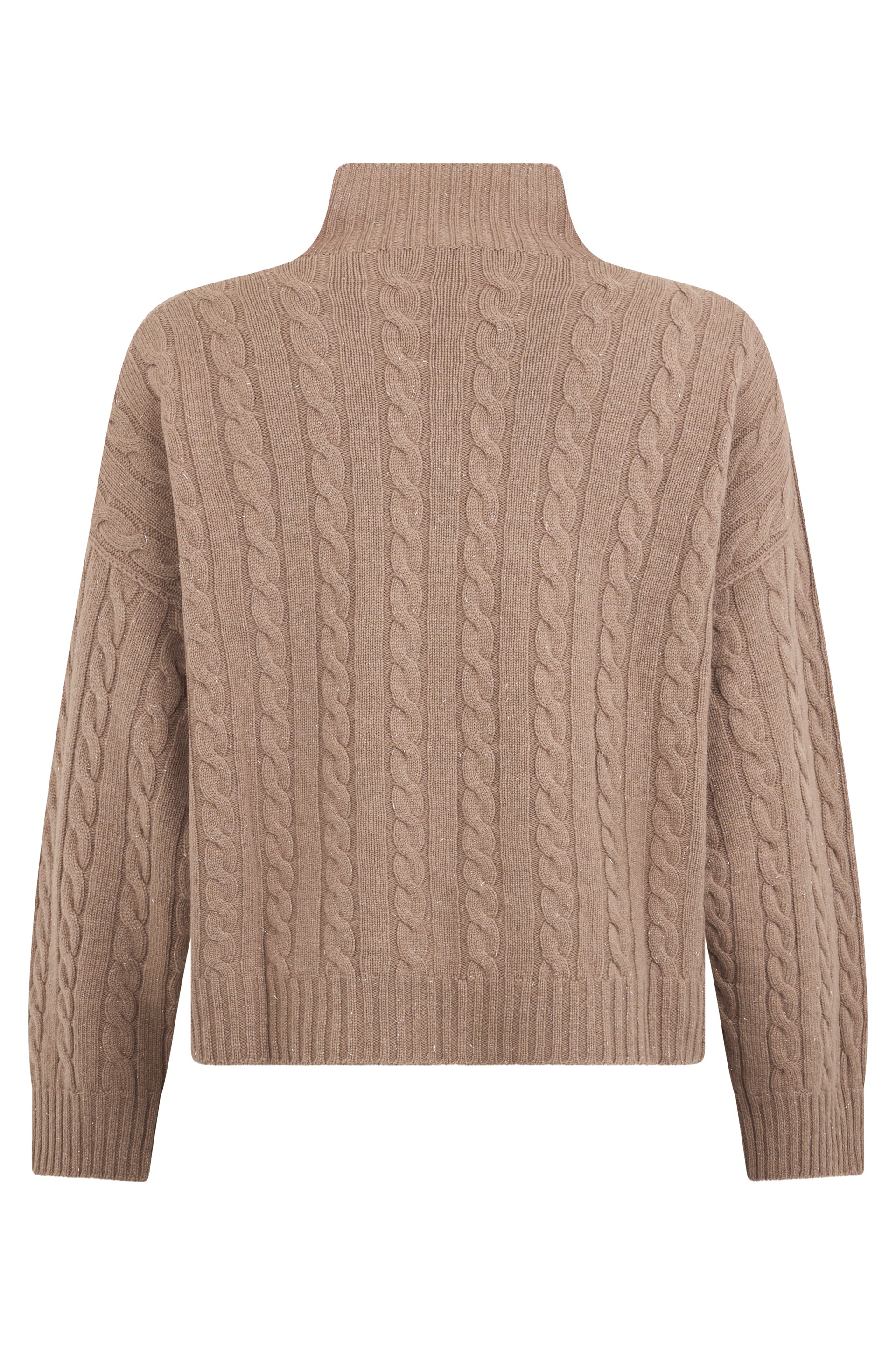 Mud-colored ribbed sweater with a high collar.