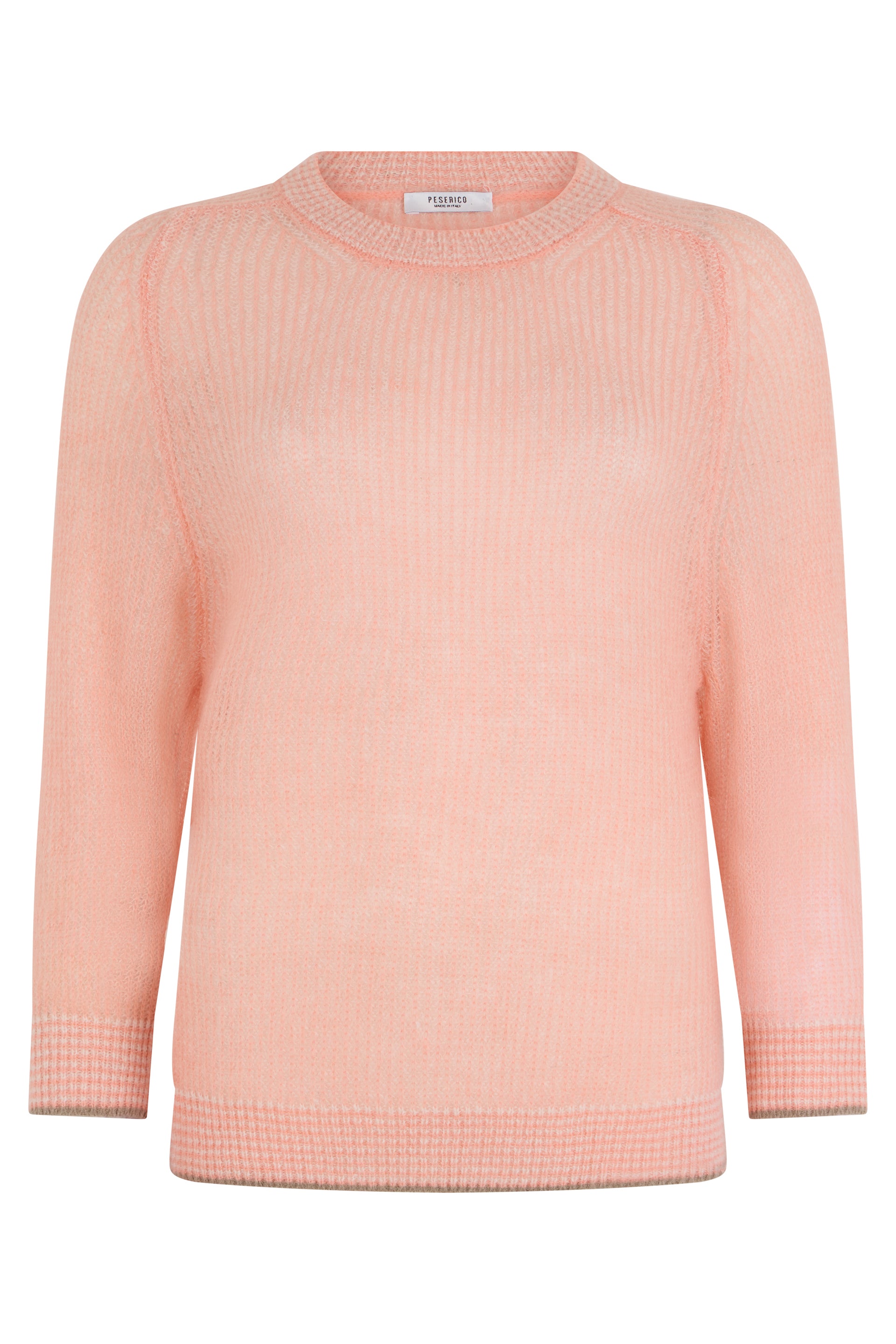 Round neck sweater in salmon color with long sleeves.