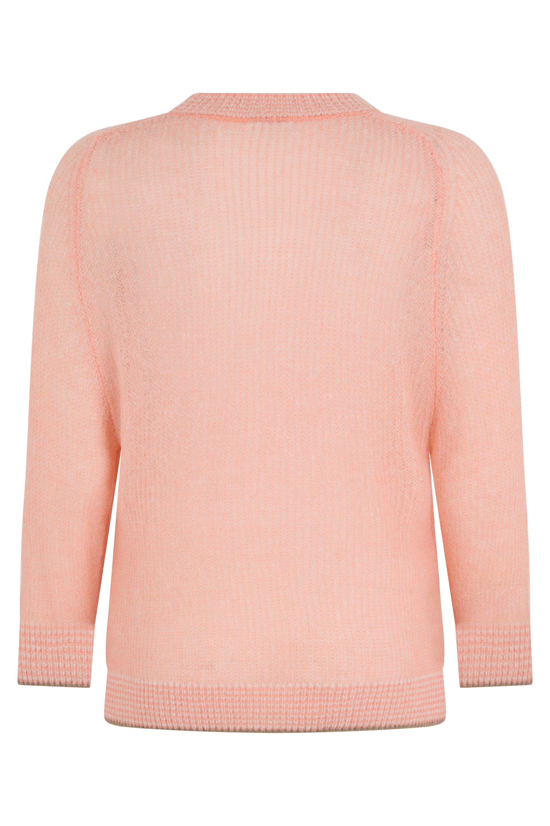 Round neck sweater in salmon color with long sleeves.