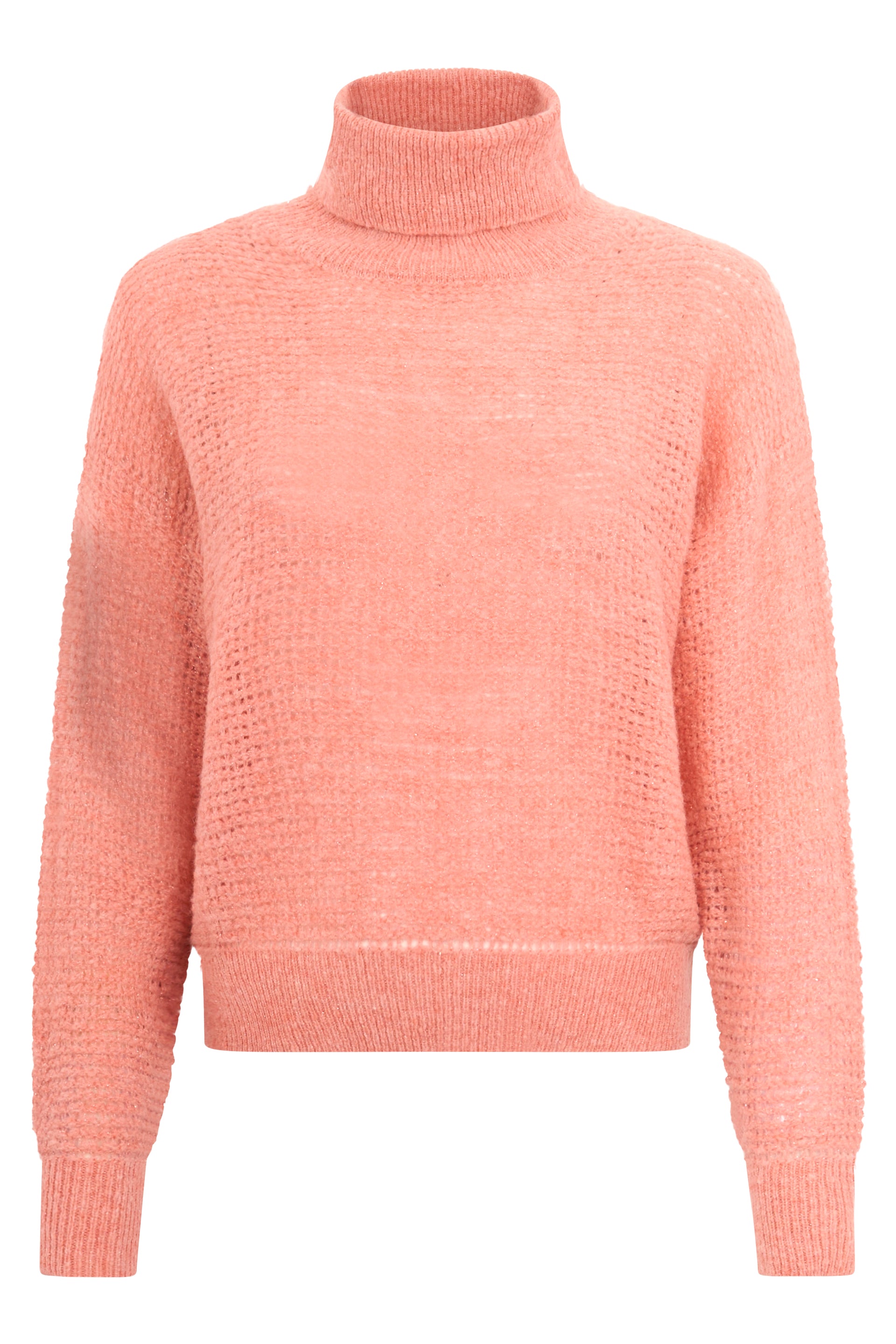 Salmon colored sweater with high collar, elegant and comfortable.