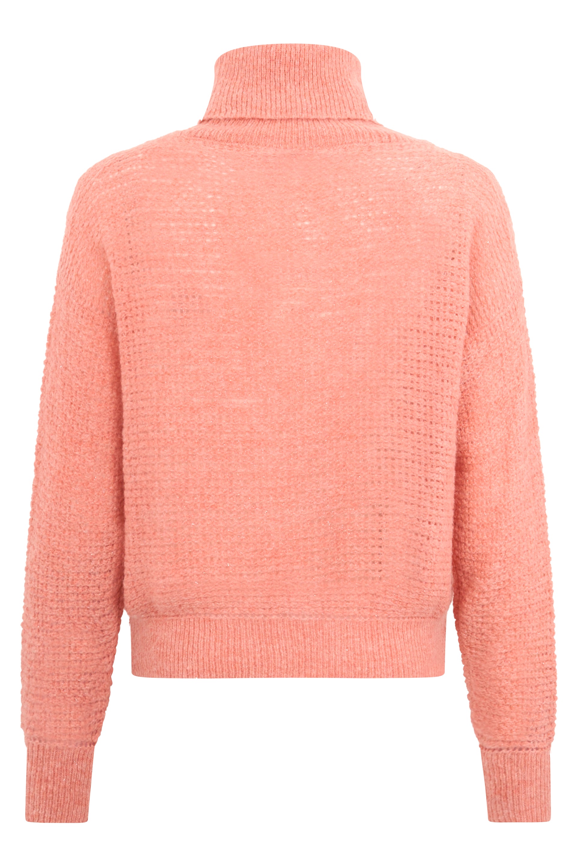 Salmon colored sweater with high collar, elegant and comfortable.