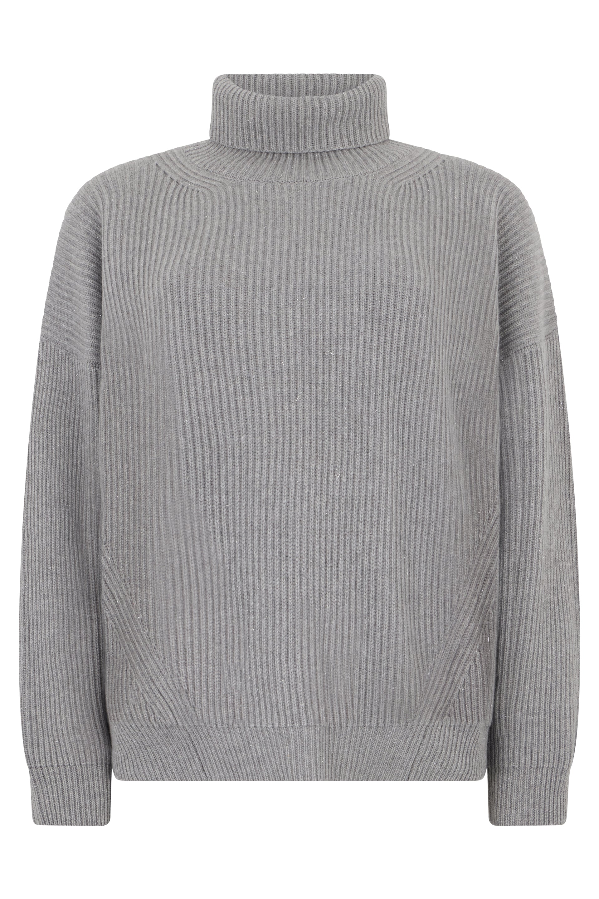 Gray oversized sweater with high collar.