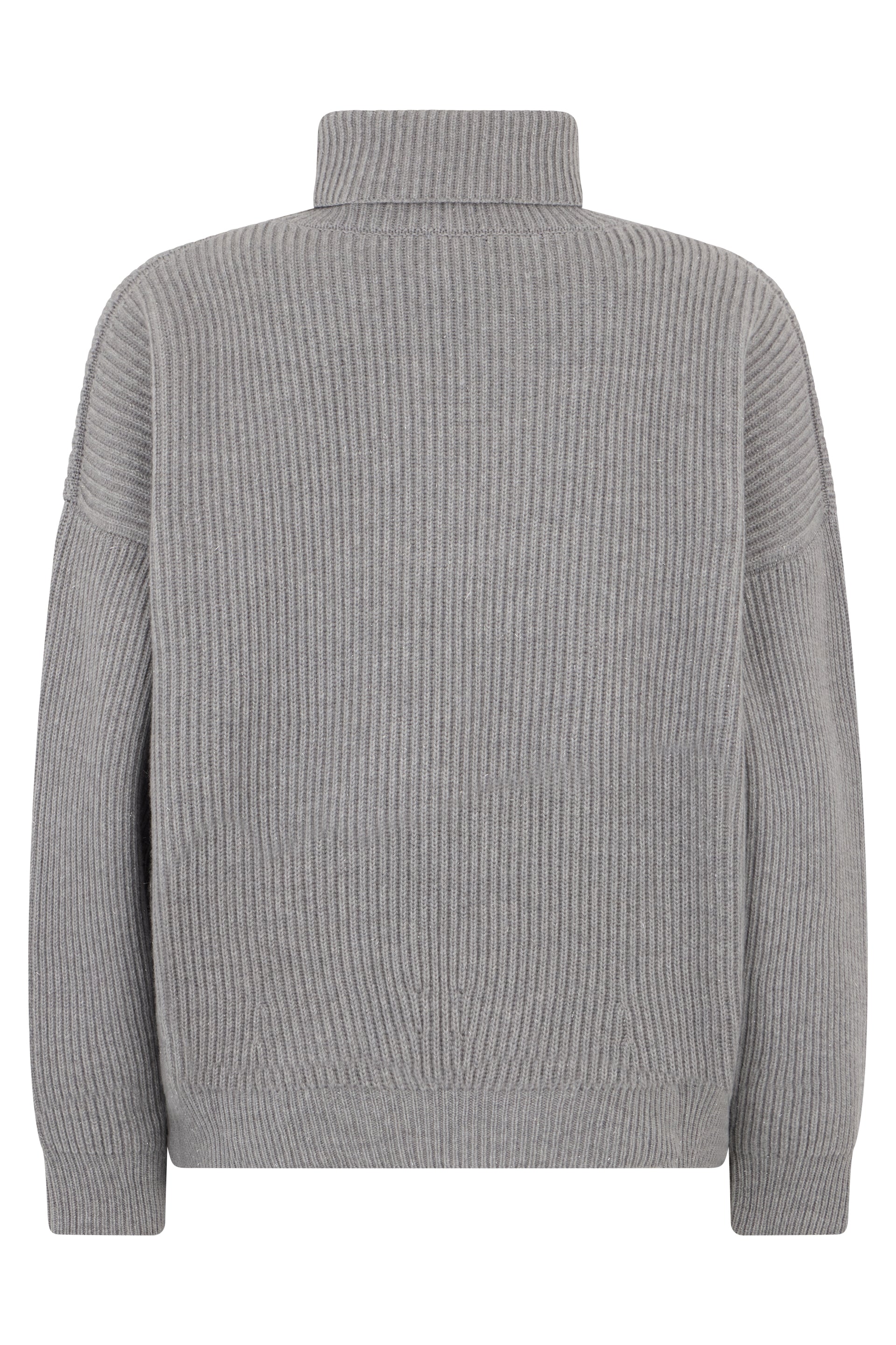 Gray oversized sweater with high collar.