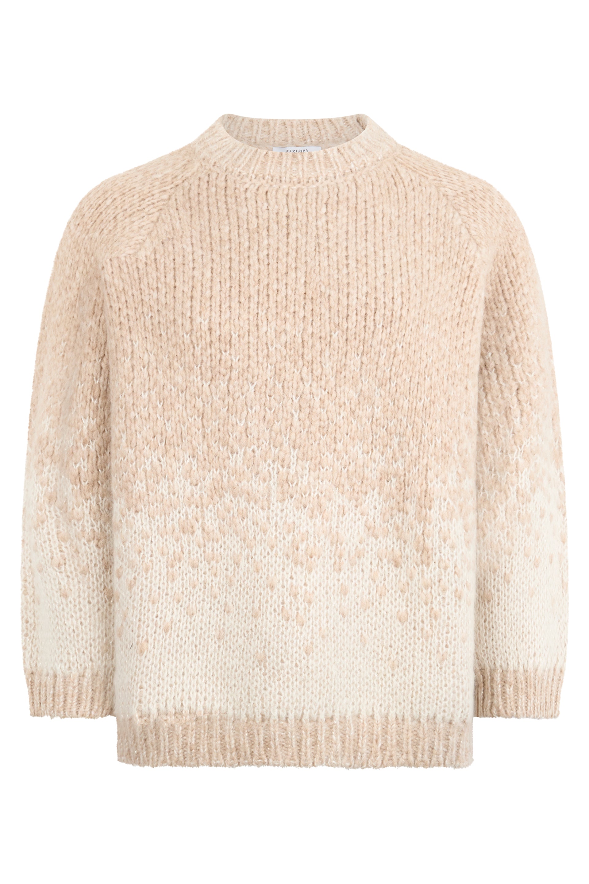 Beige oversized sweater with round neck and long sleeves.