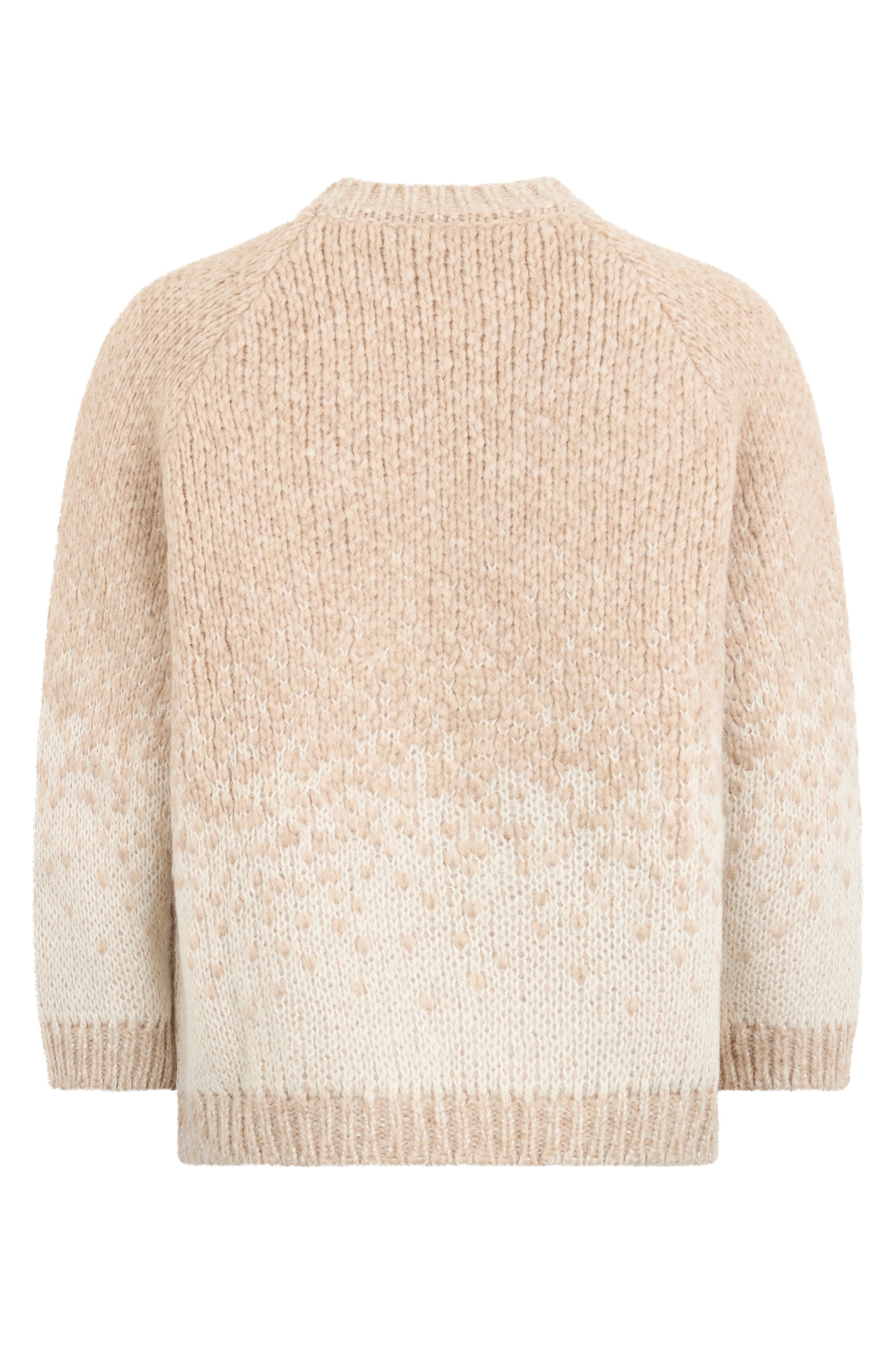 Beige oversized sweater with round neck and long sleeves.
