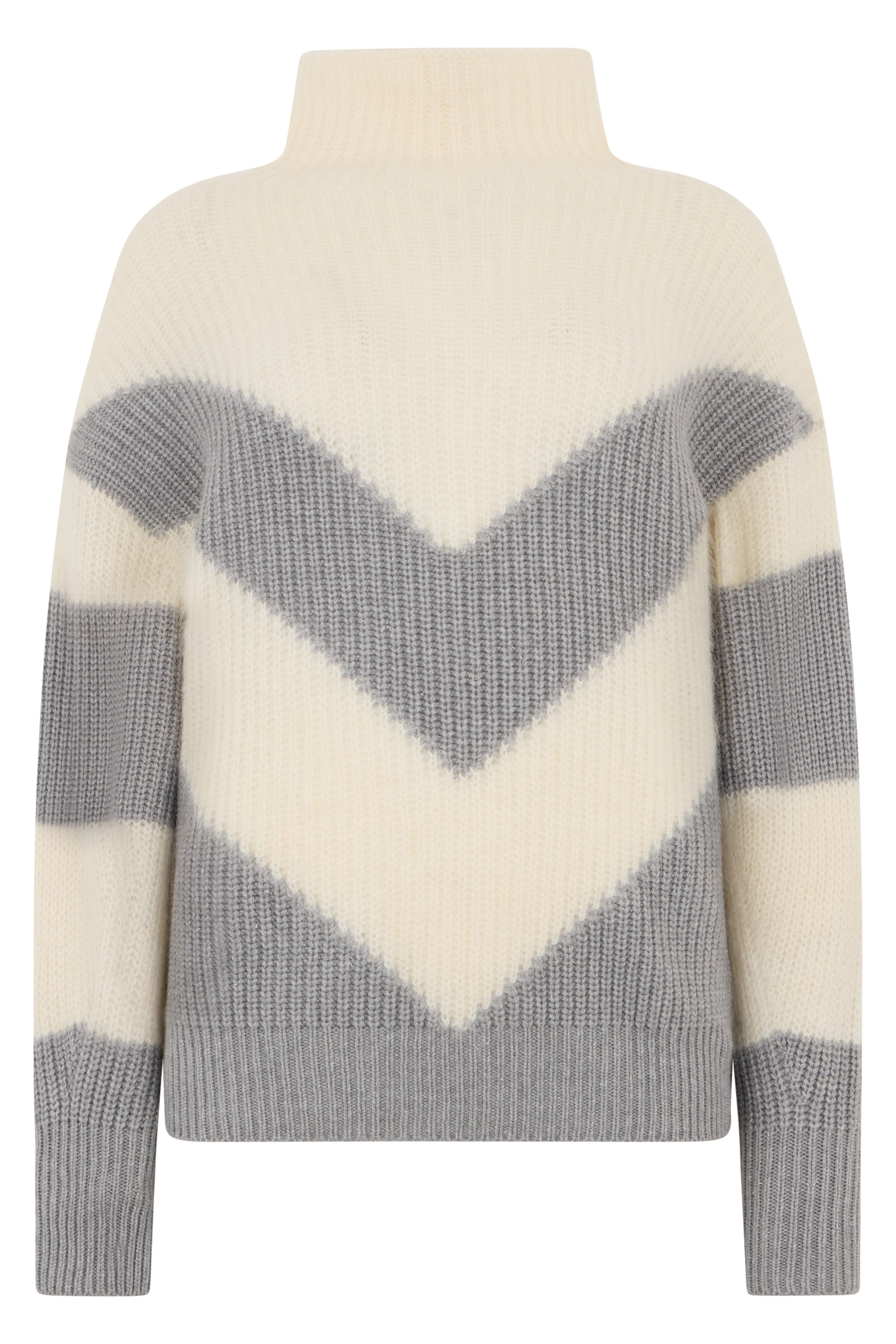 Sweater in white cream color with zigzag pattern and high collar.
