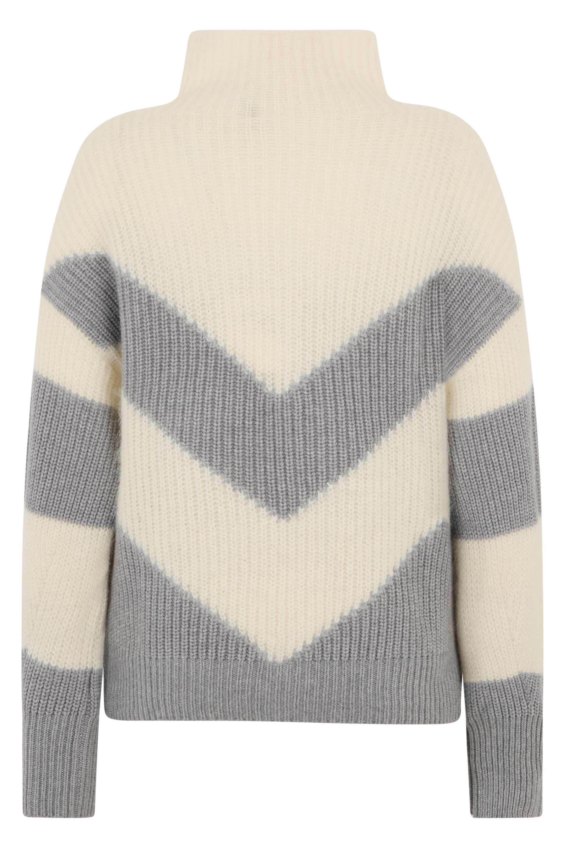 Sweater in white cream color with zigzag pattern and high collar.