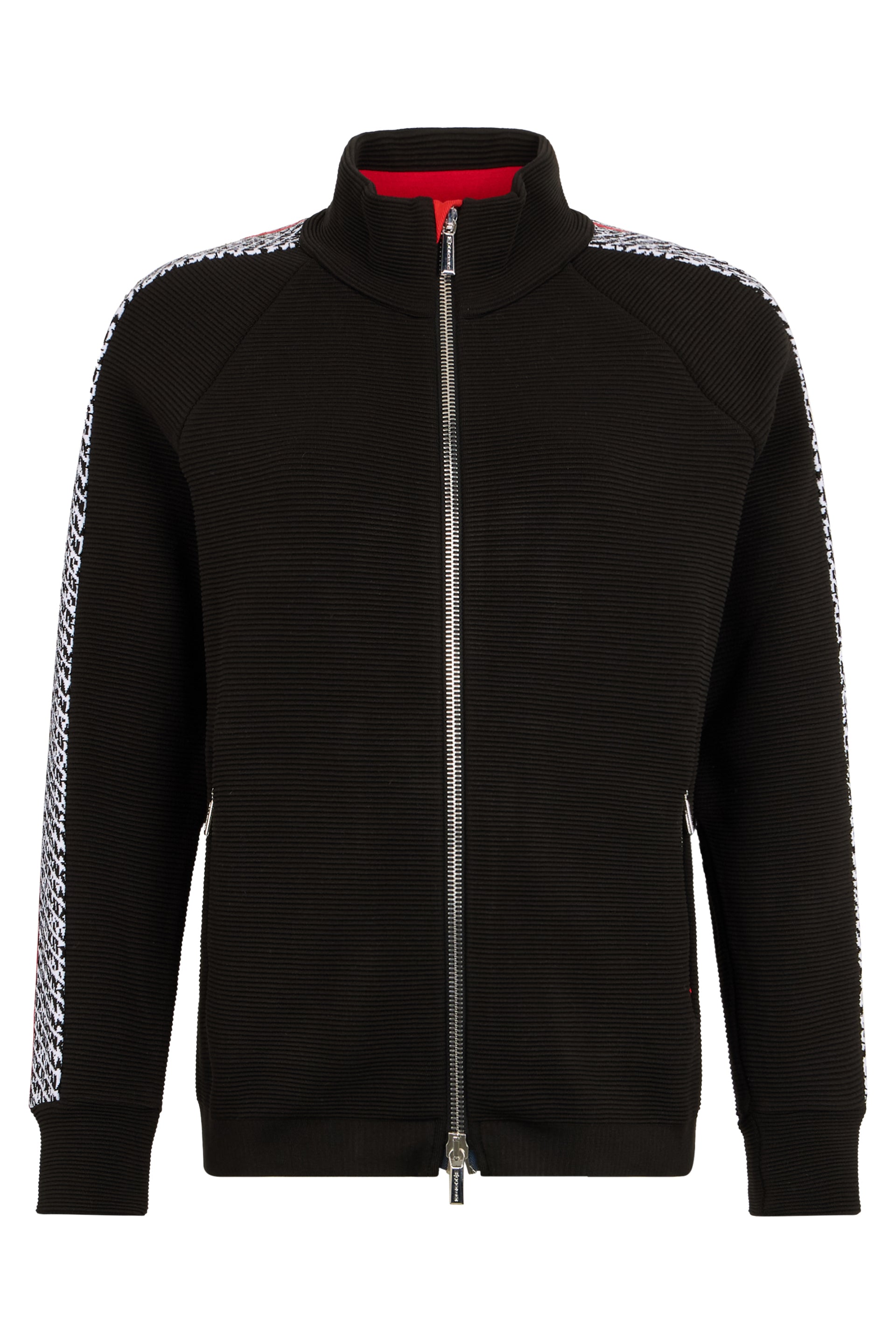 Black Minimalist Jacket with Zip and Red Collar