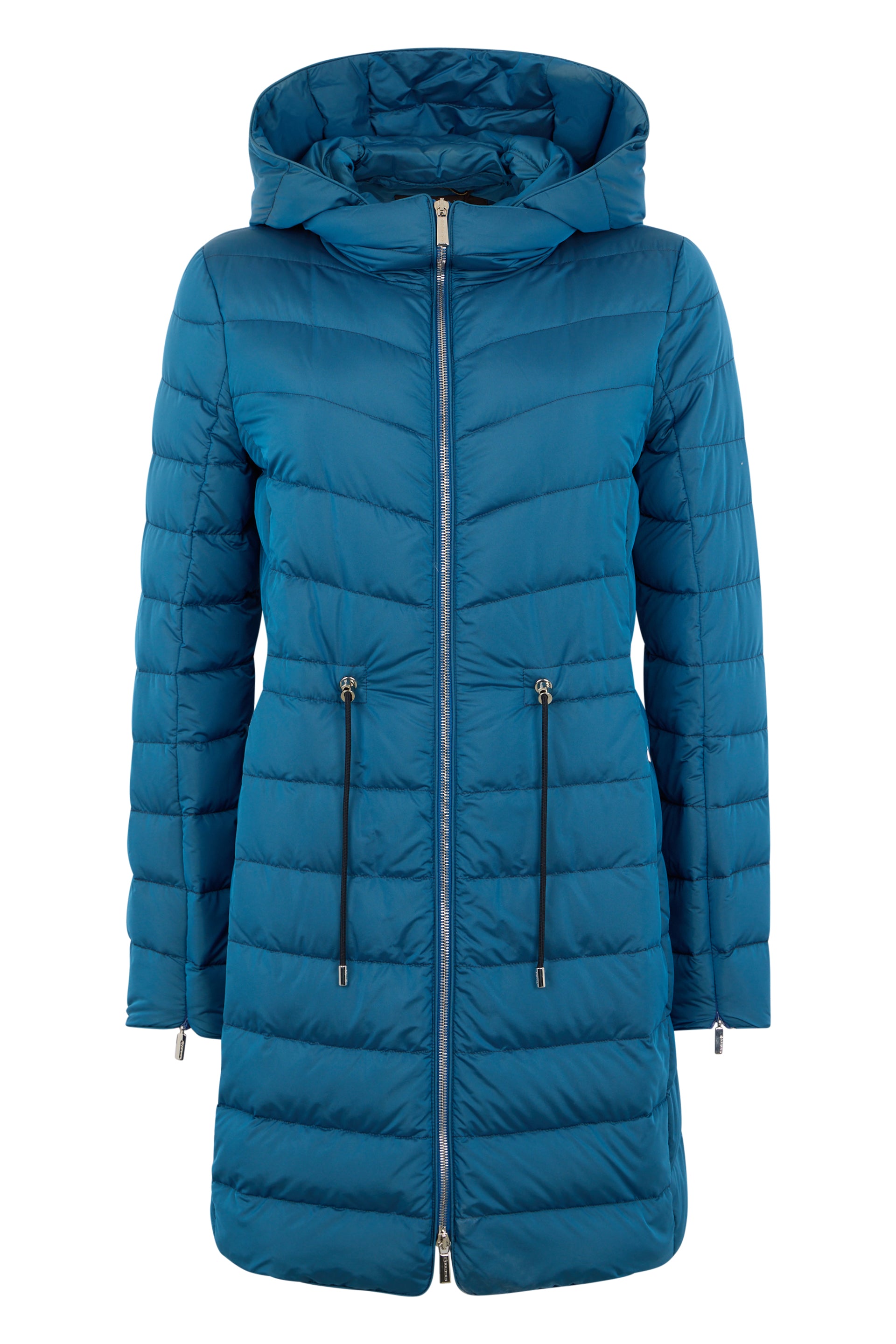 Long blue padded coat, minimal and elegant.