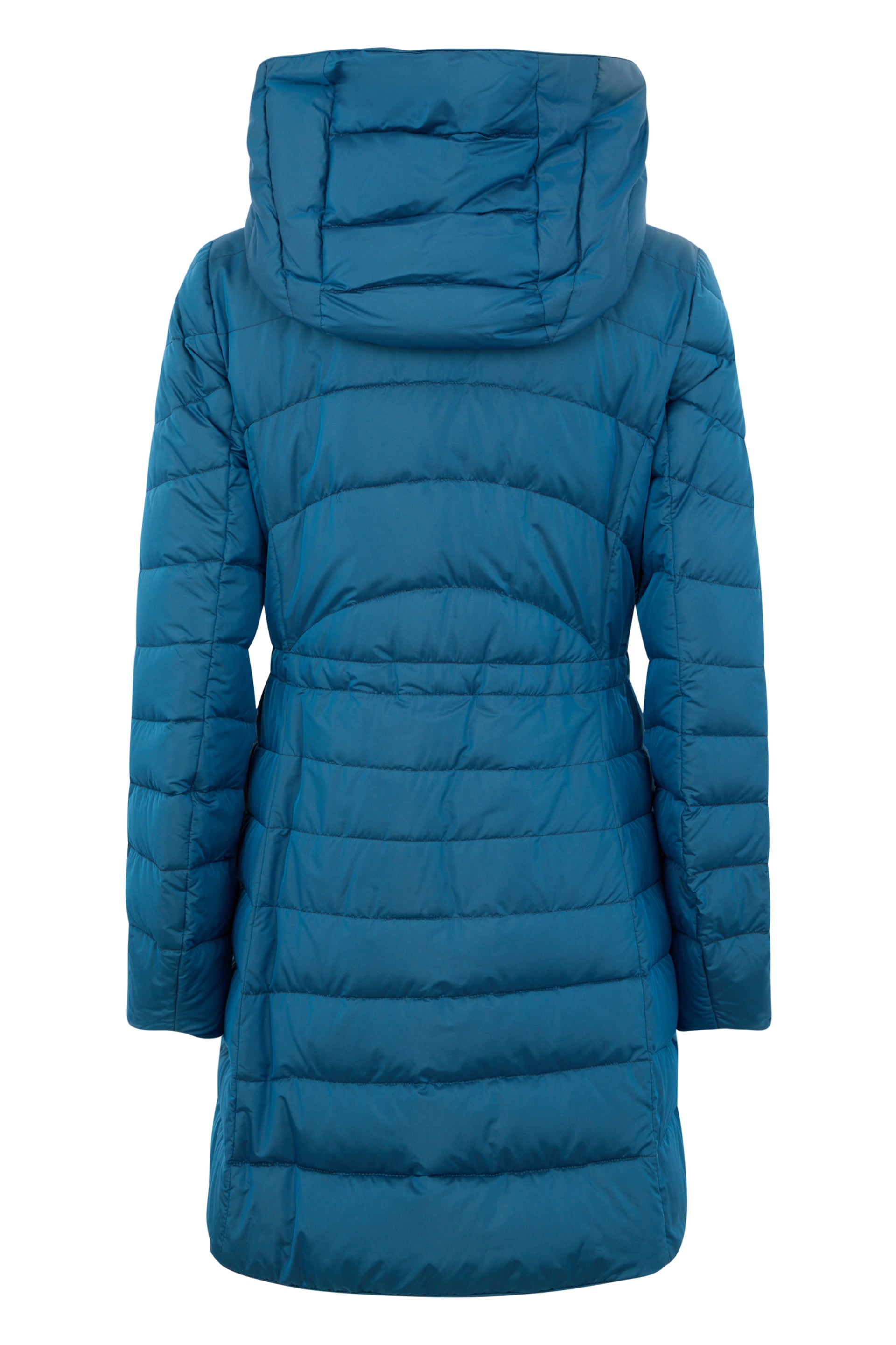 Long blue padded coat, minimal and elegant.