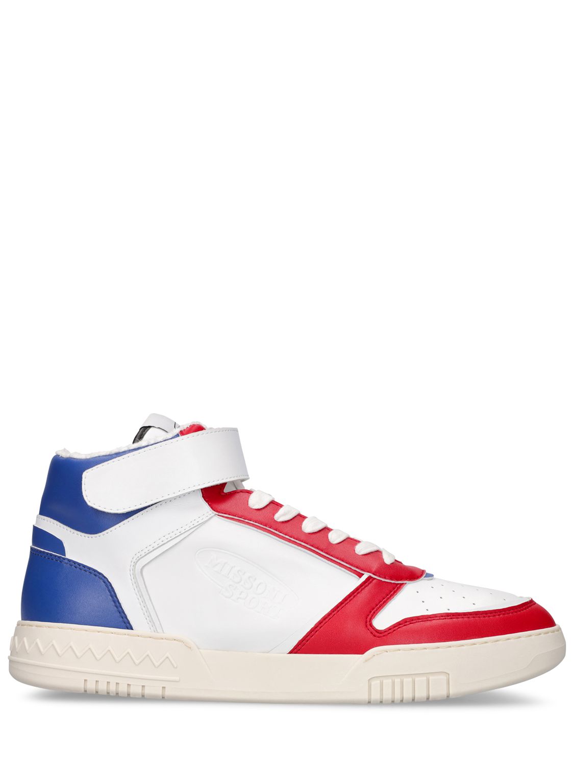 White high sneakers with blue red details