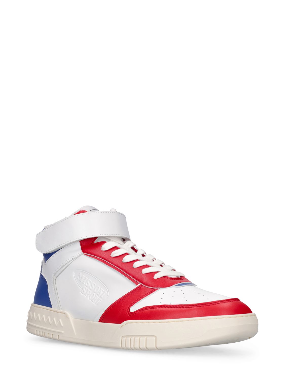 White high sneakers with blue red details