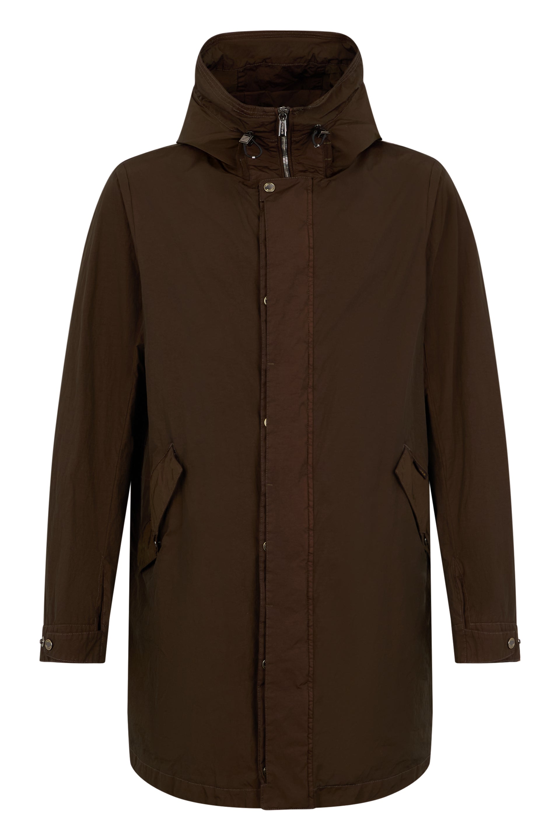Long brown jacket with elegant hood