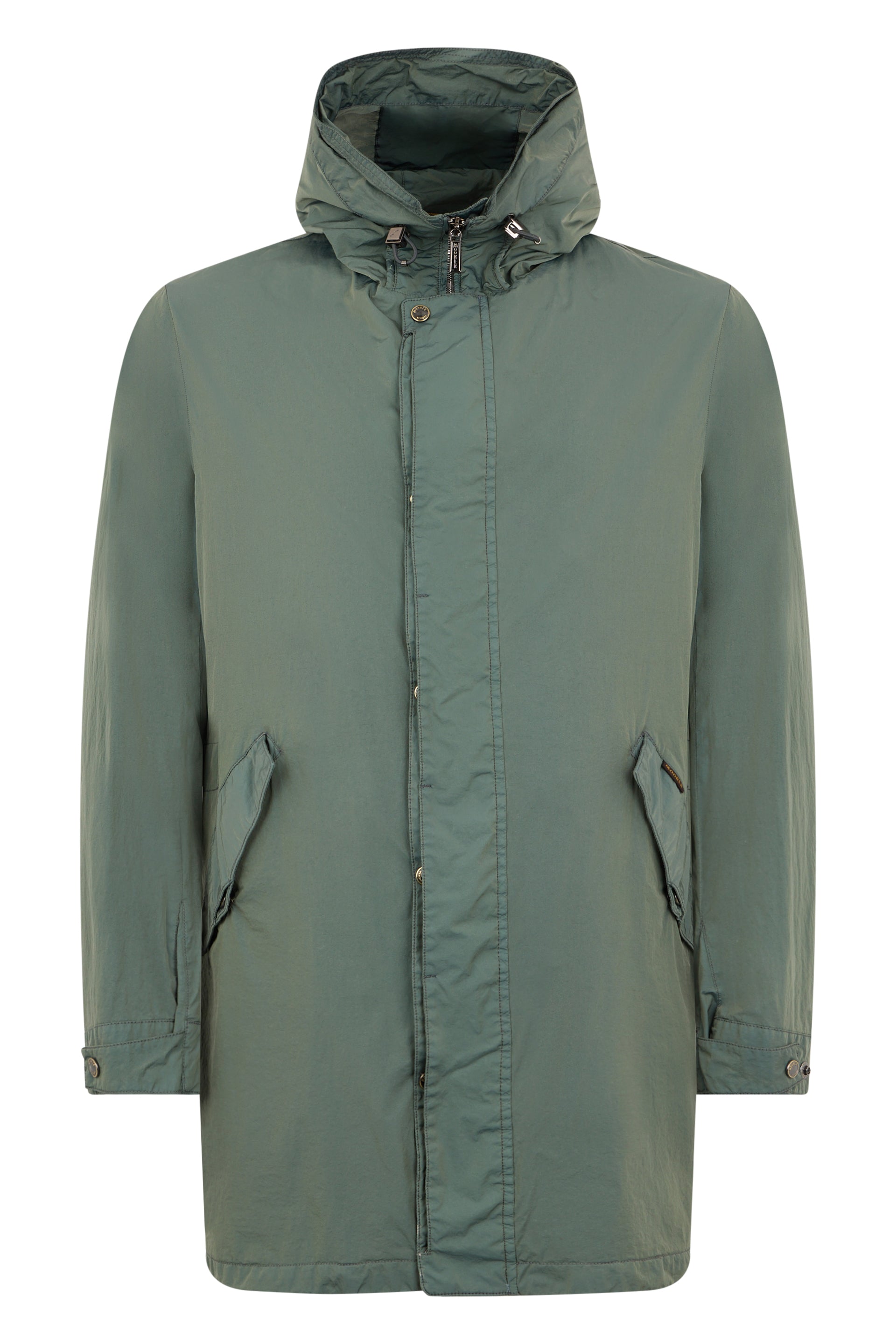 Elegant green parka with adjustable hood.