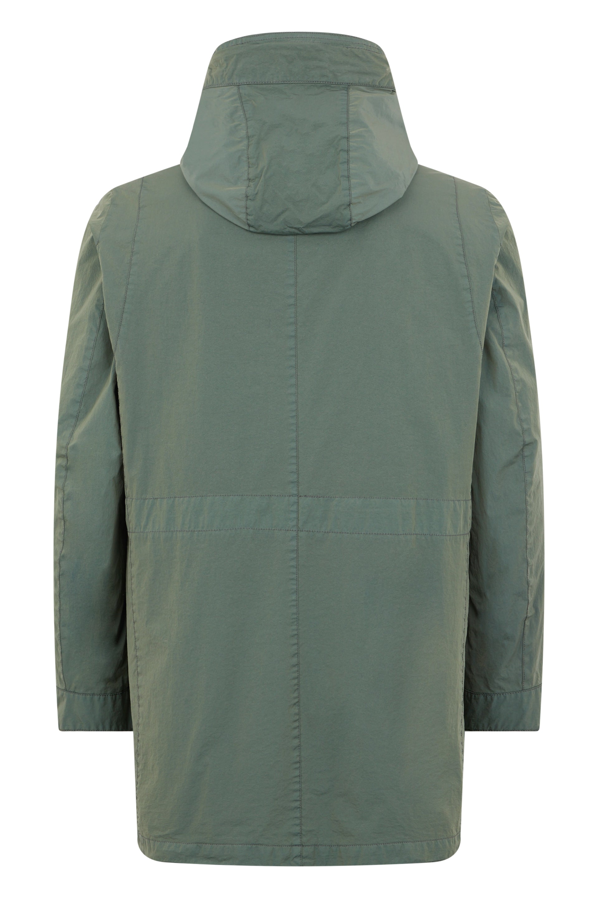 Elegant green parka with adjustable hood.