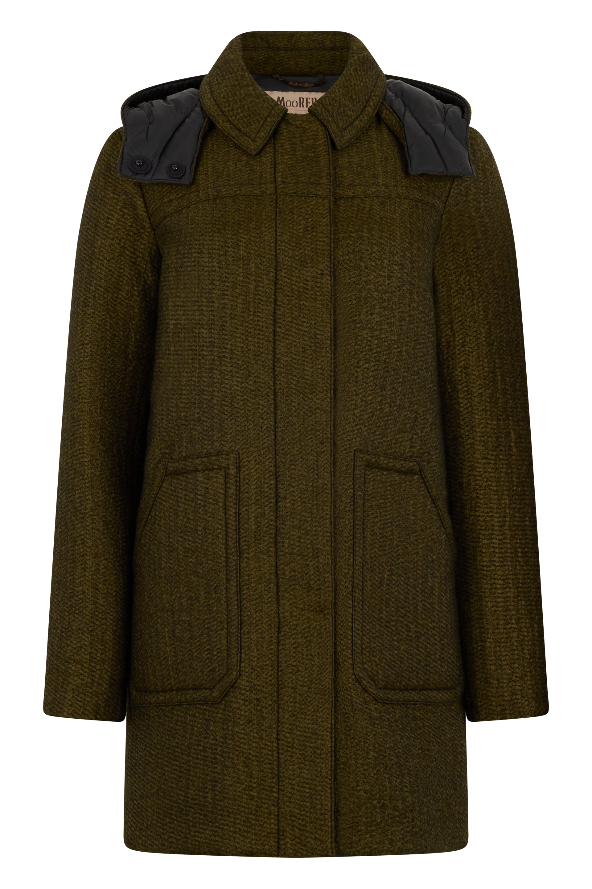 Long olive jacket with elegant accentuated shoulders