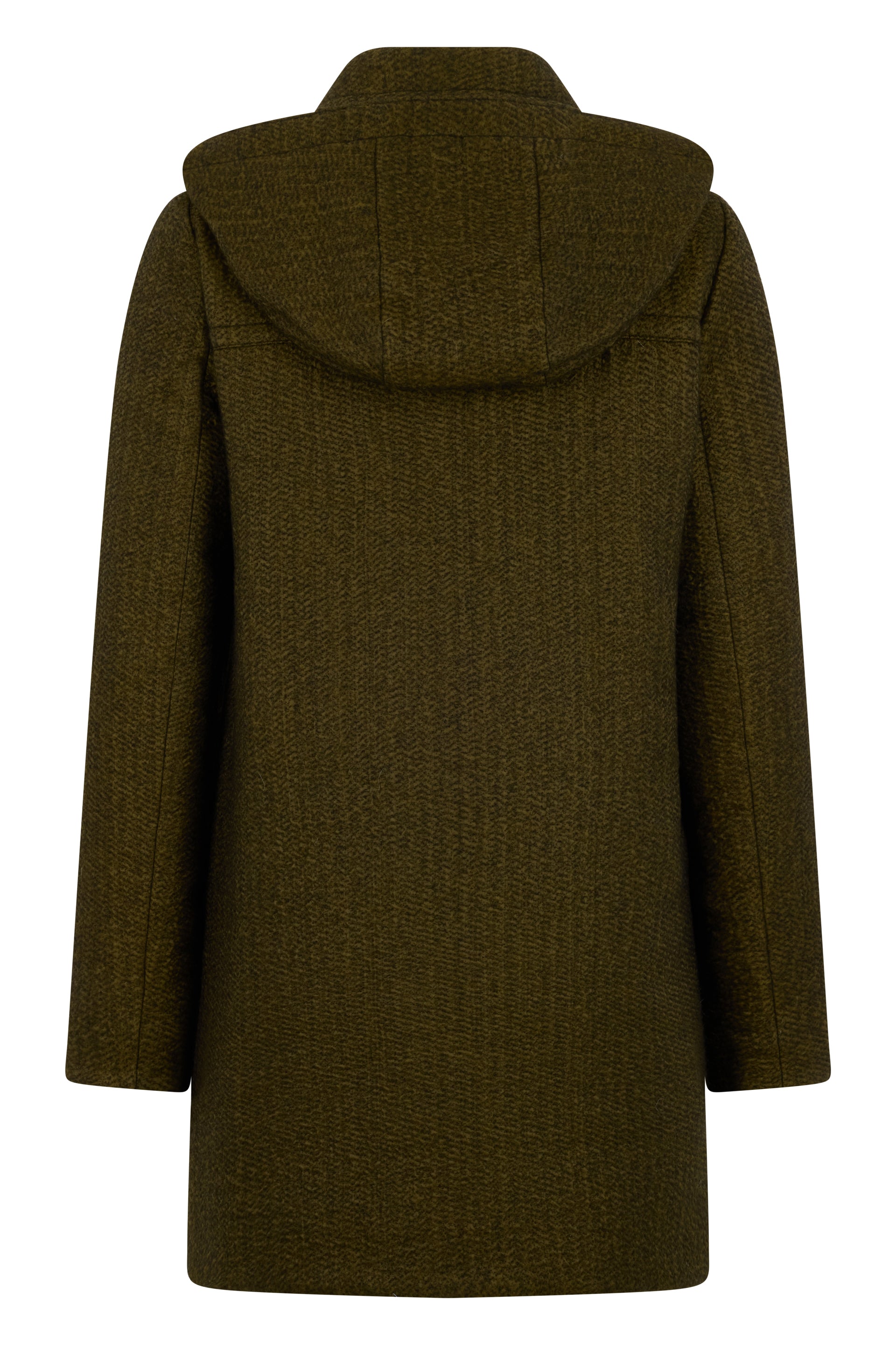 Long olive jacket with elegant accentuated shoulders