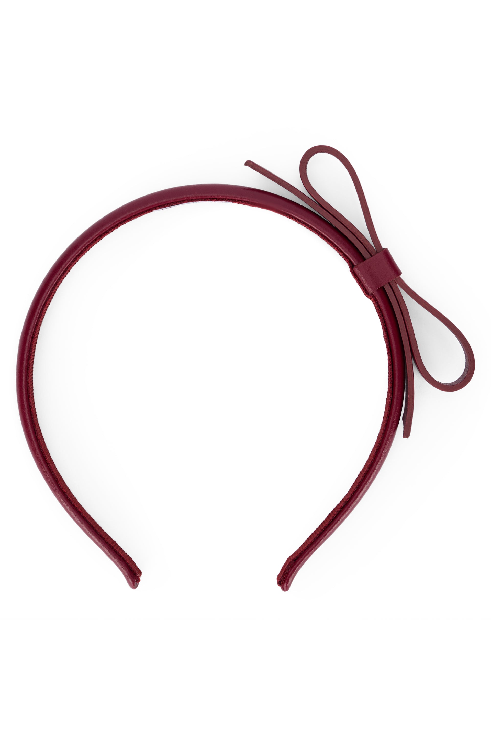 Elegant bordeaux headband with decorative bow.