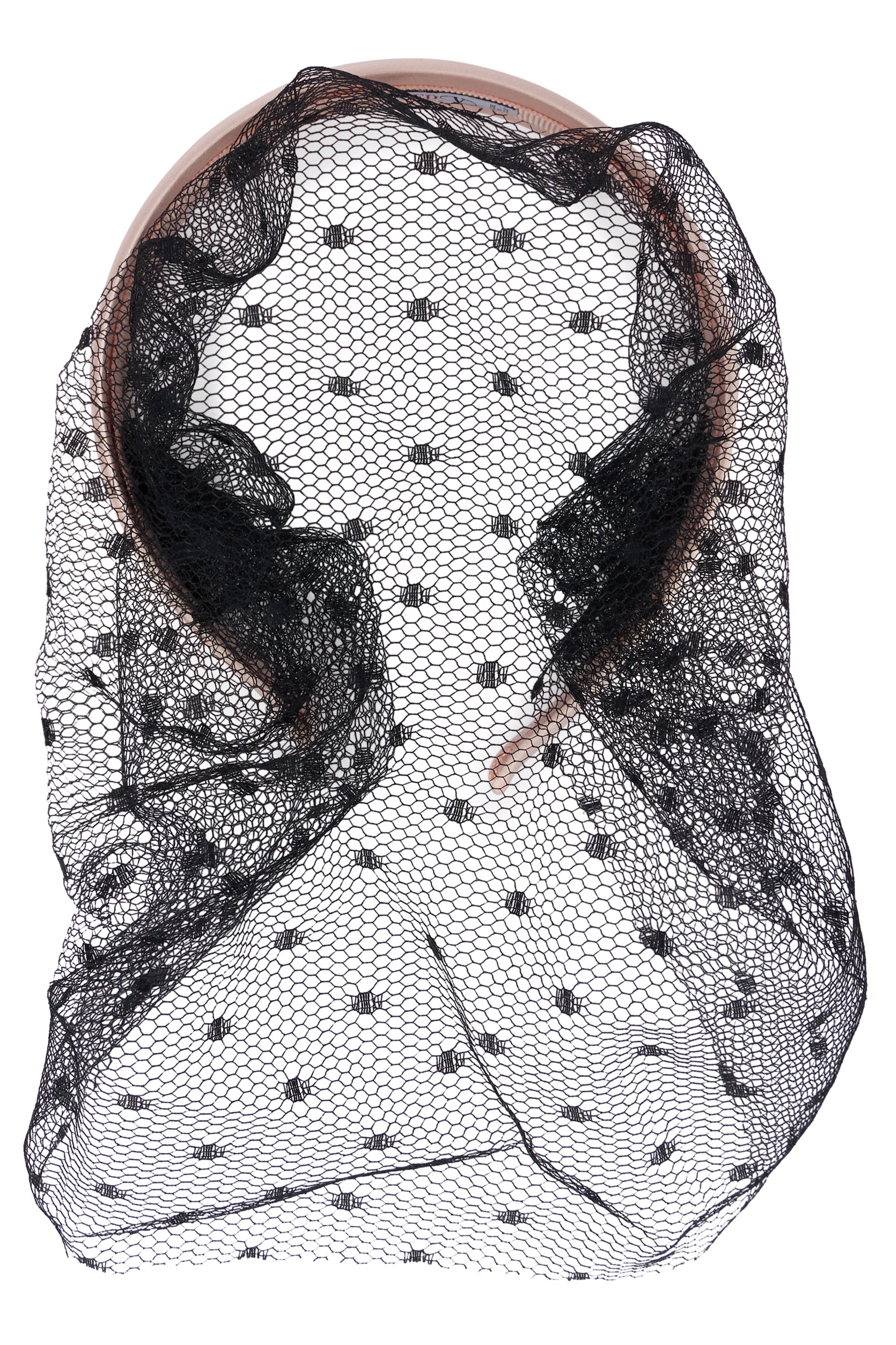 Pink headband with black netting, elegant and versatile.
