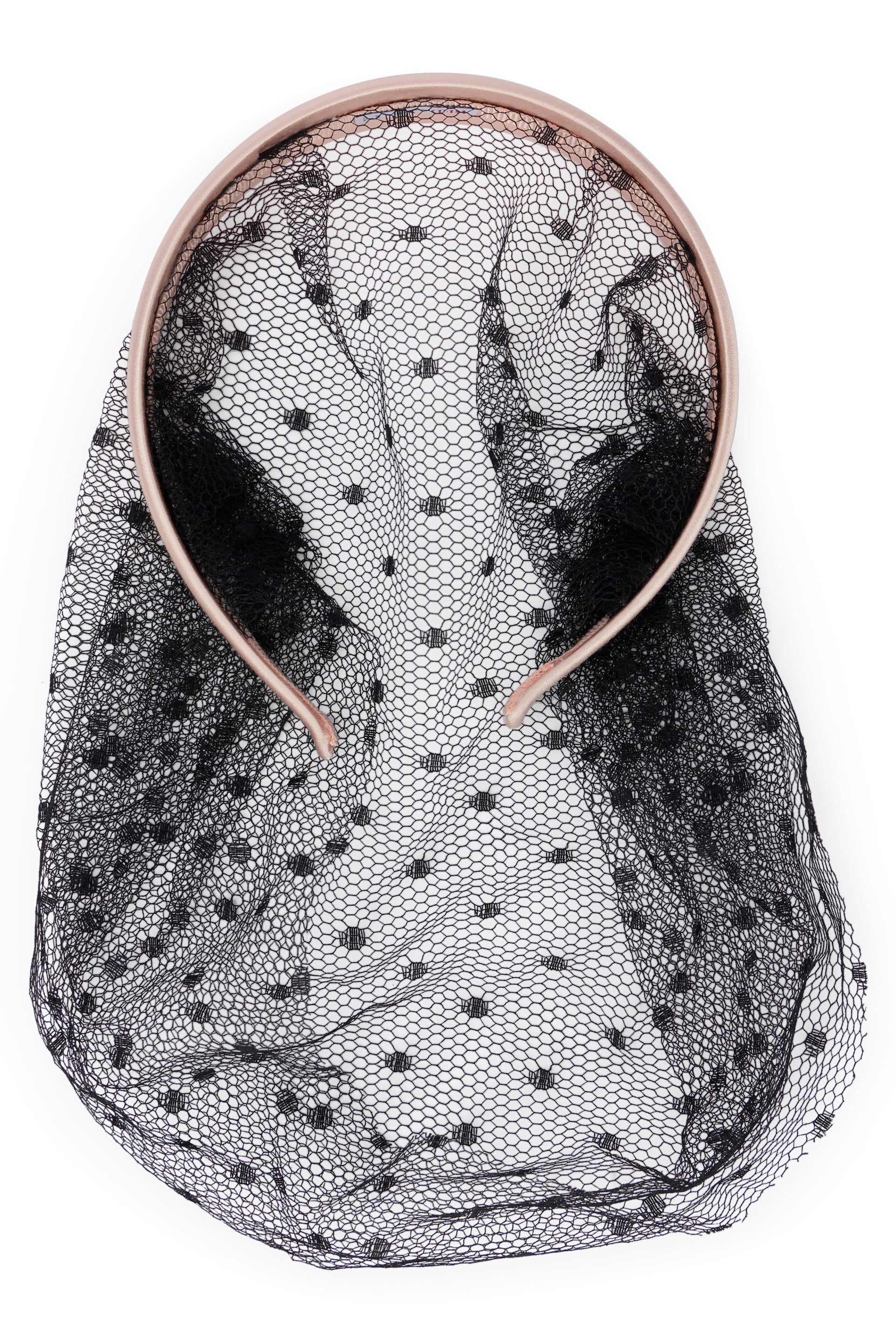 Pink headband with black netting, elegant and versatile.