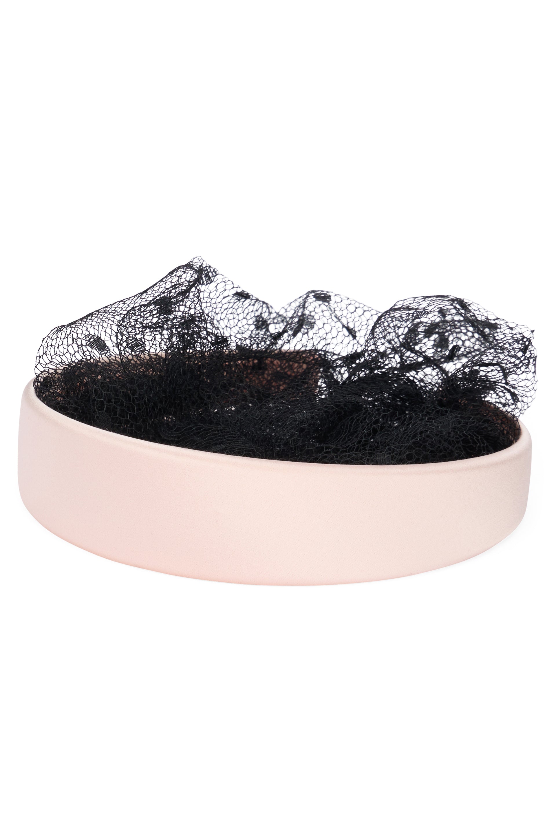 Pink headband with black netting, elegant and versatile.