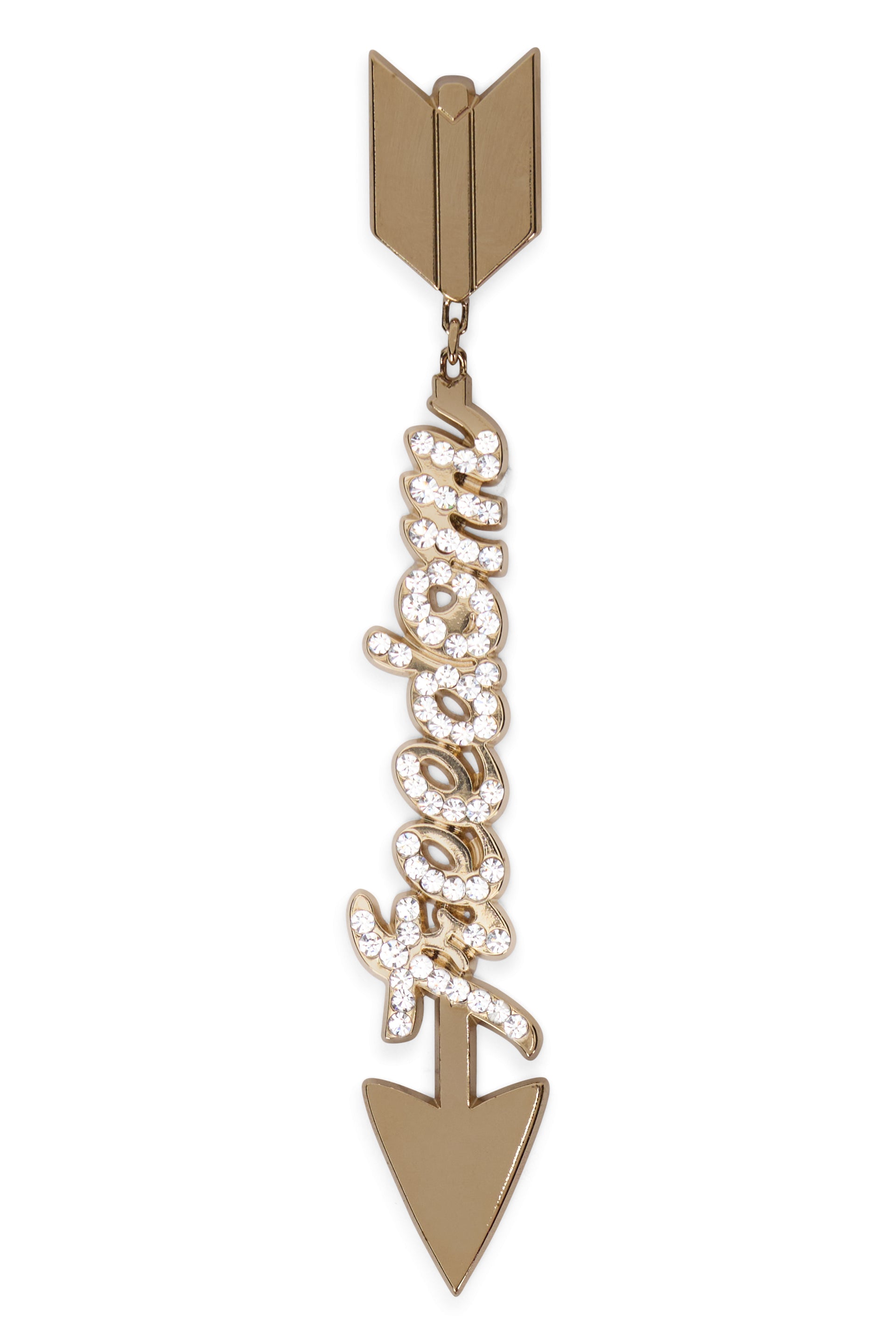 Arrow-shaped gold-colored earring with crystals, elegant and versatile.
