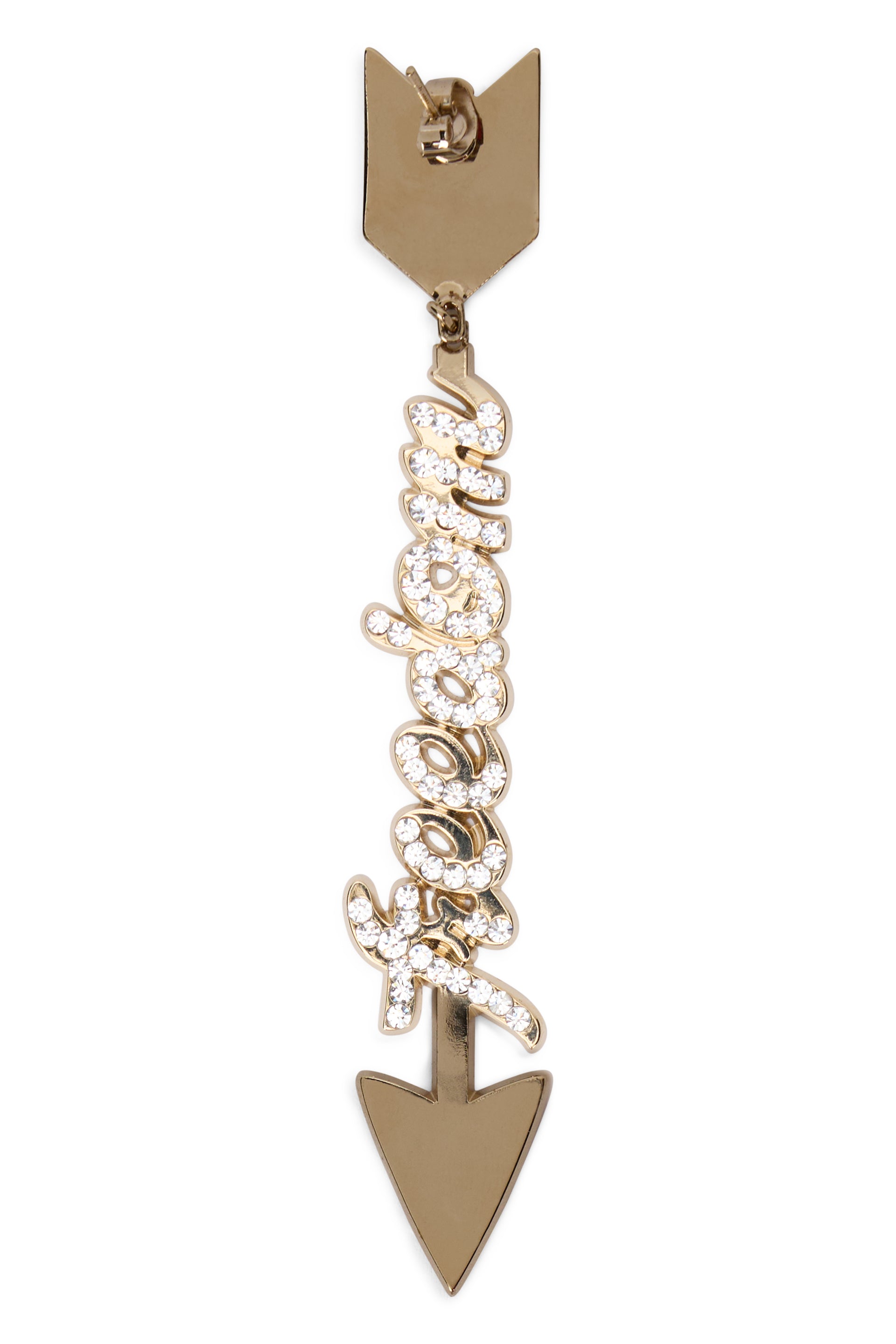 Arrow-shaped gold-colored earring with crystals, elegant and versatile.