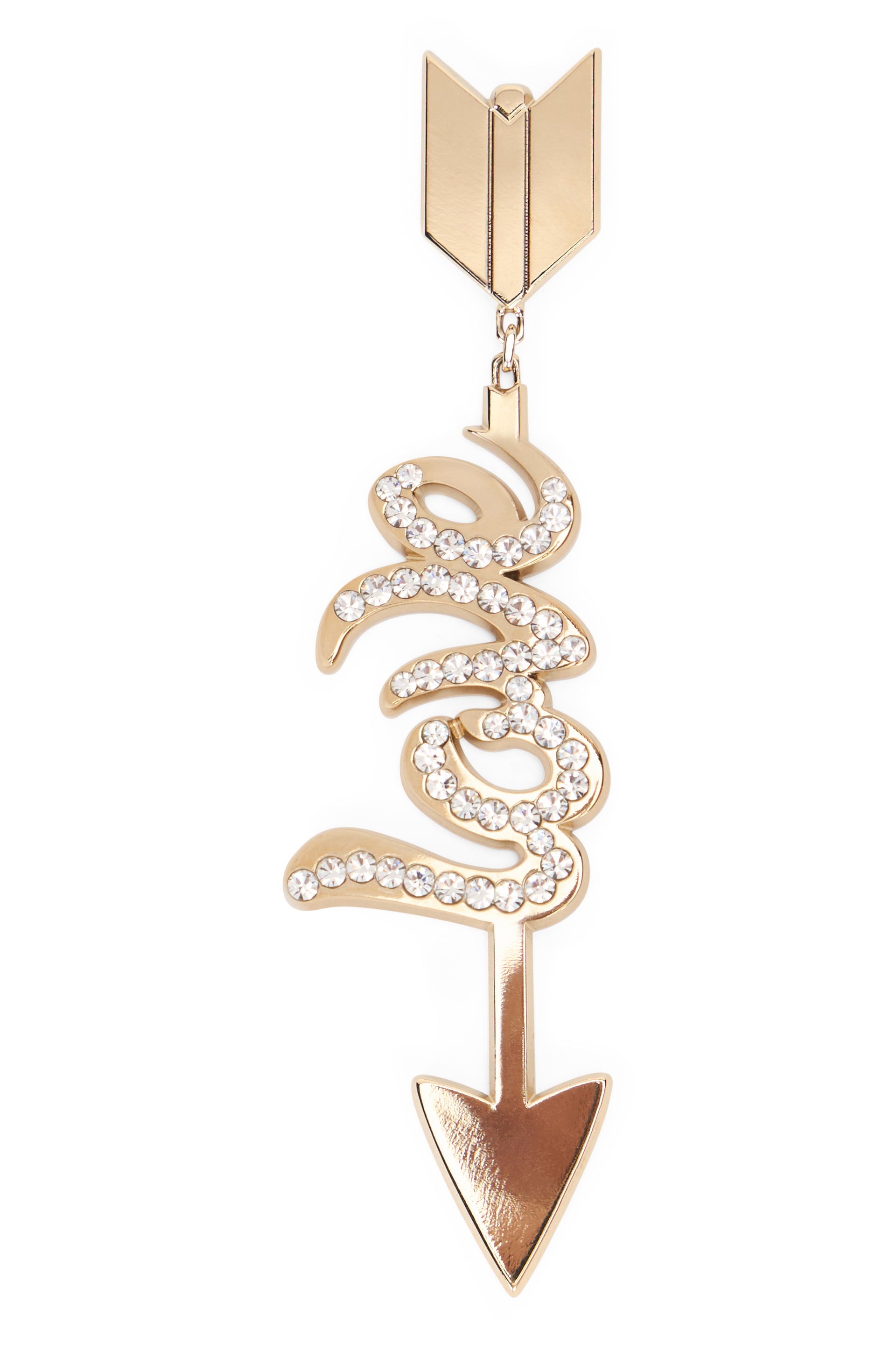 Elegant gold earring in the shape of an arrow with romantic inscription.