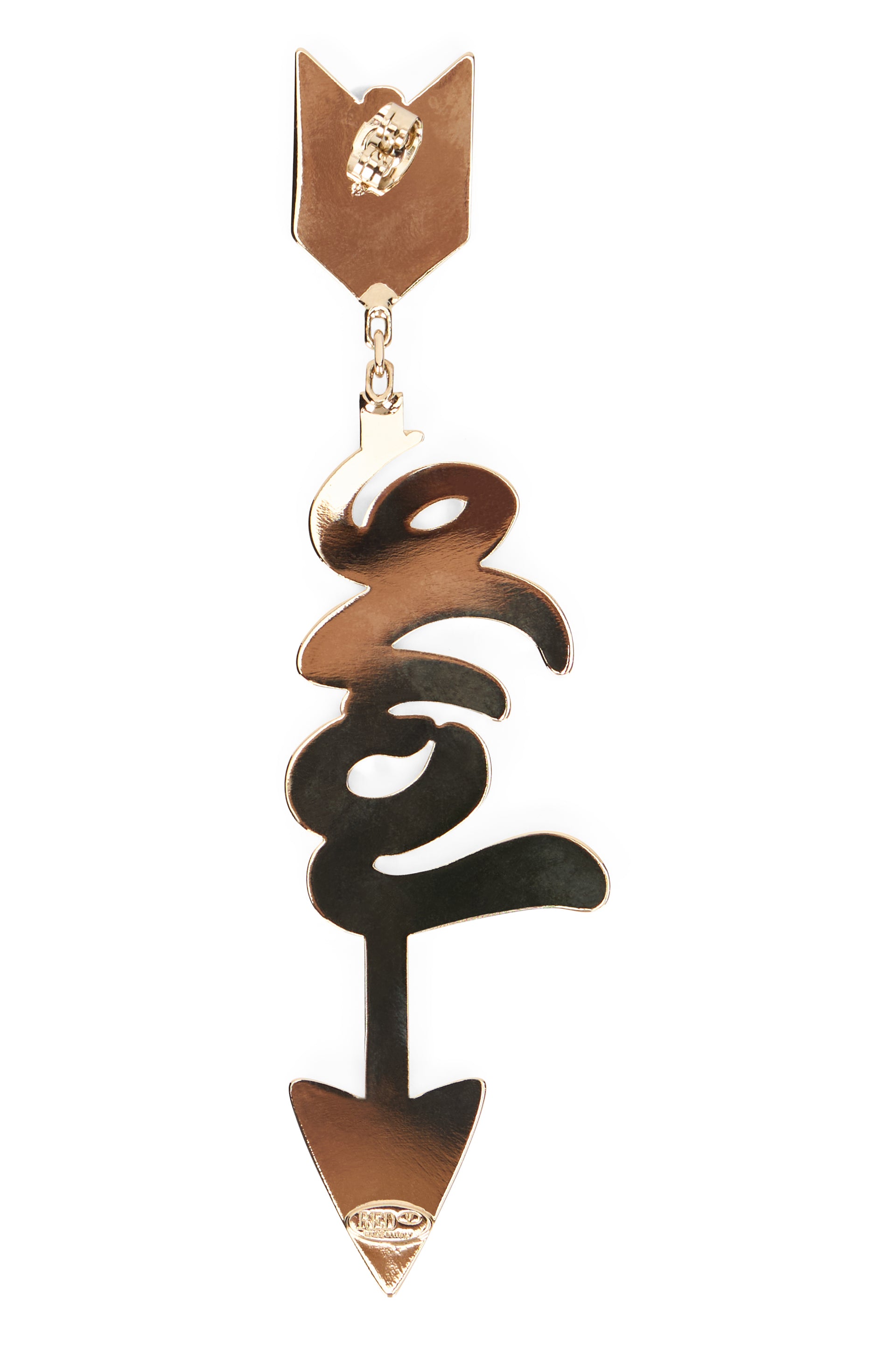 Elegant gold earring in the shape of an arrow with romantic inscription.
