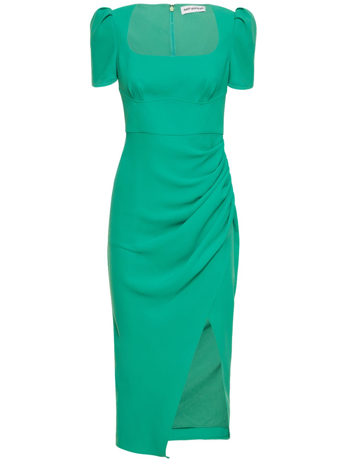 Long green elegant dress with sophisticated draping