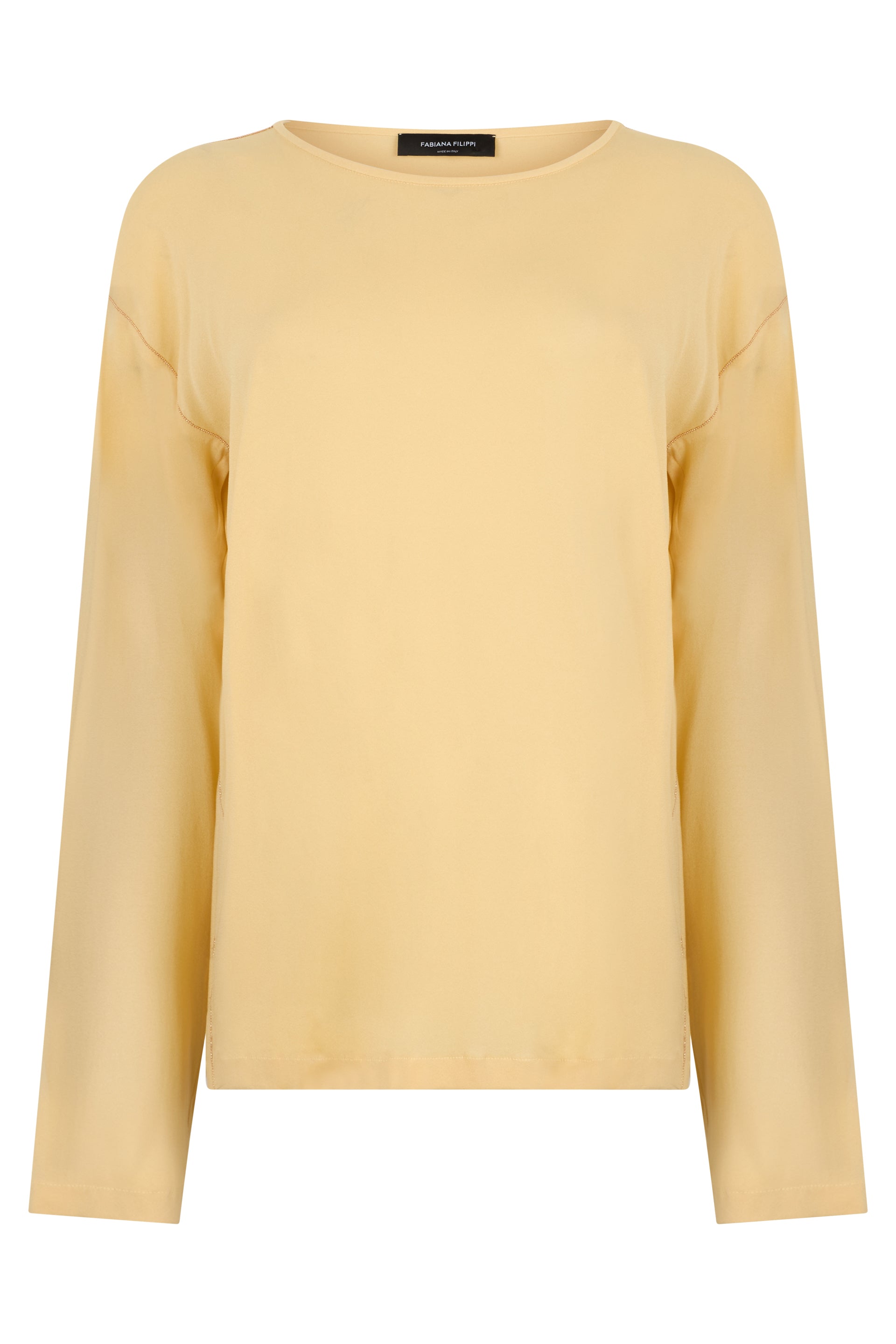 Long sleeve beige blouse with a round neckline, minimal and versatile.