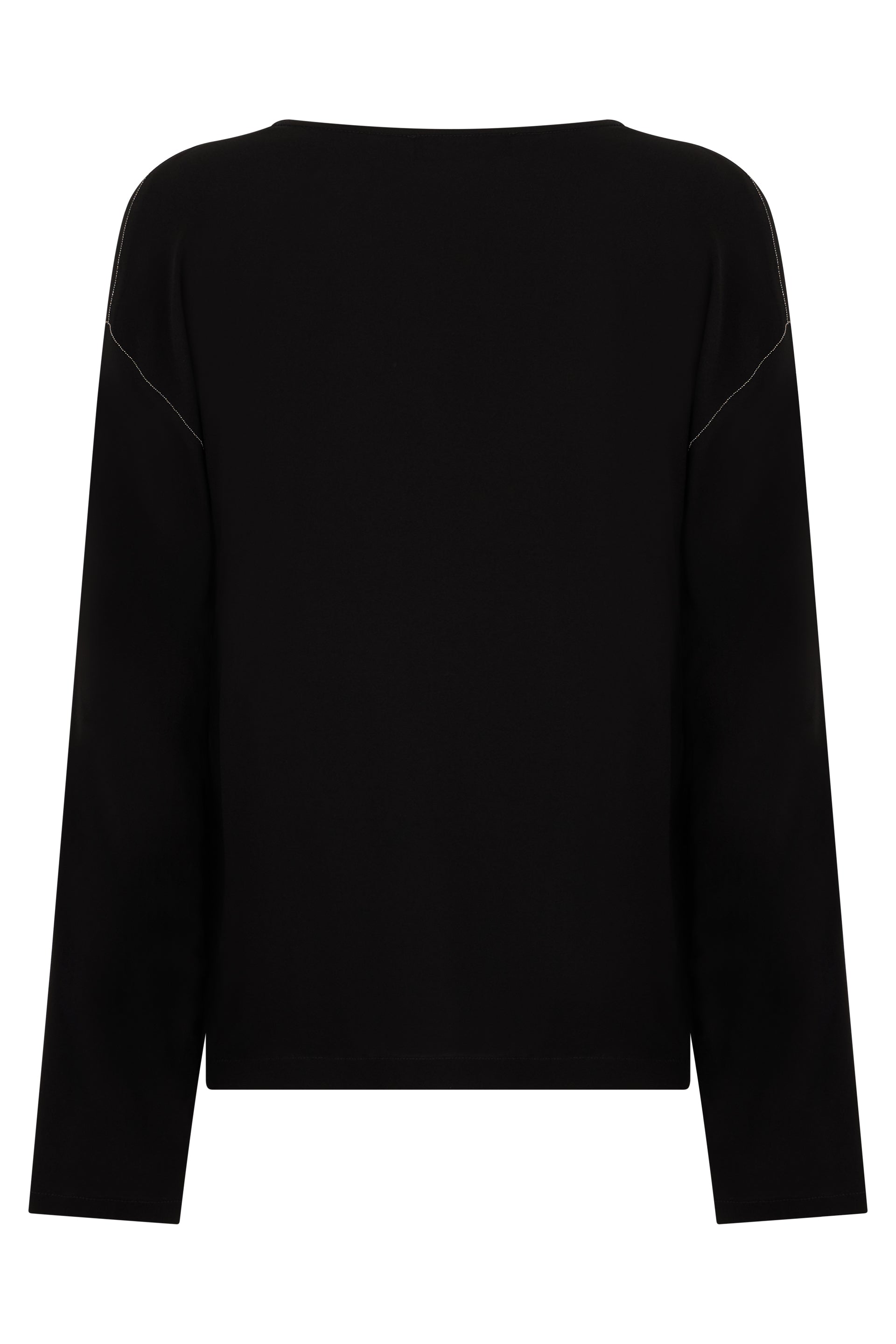 Black blouse with long sleeves, minimalist and versatile.