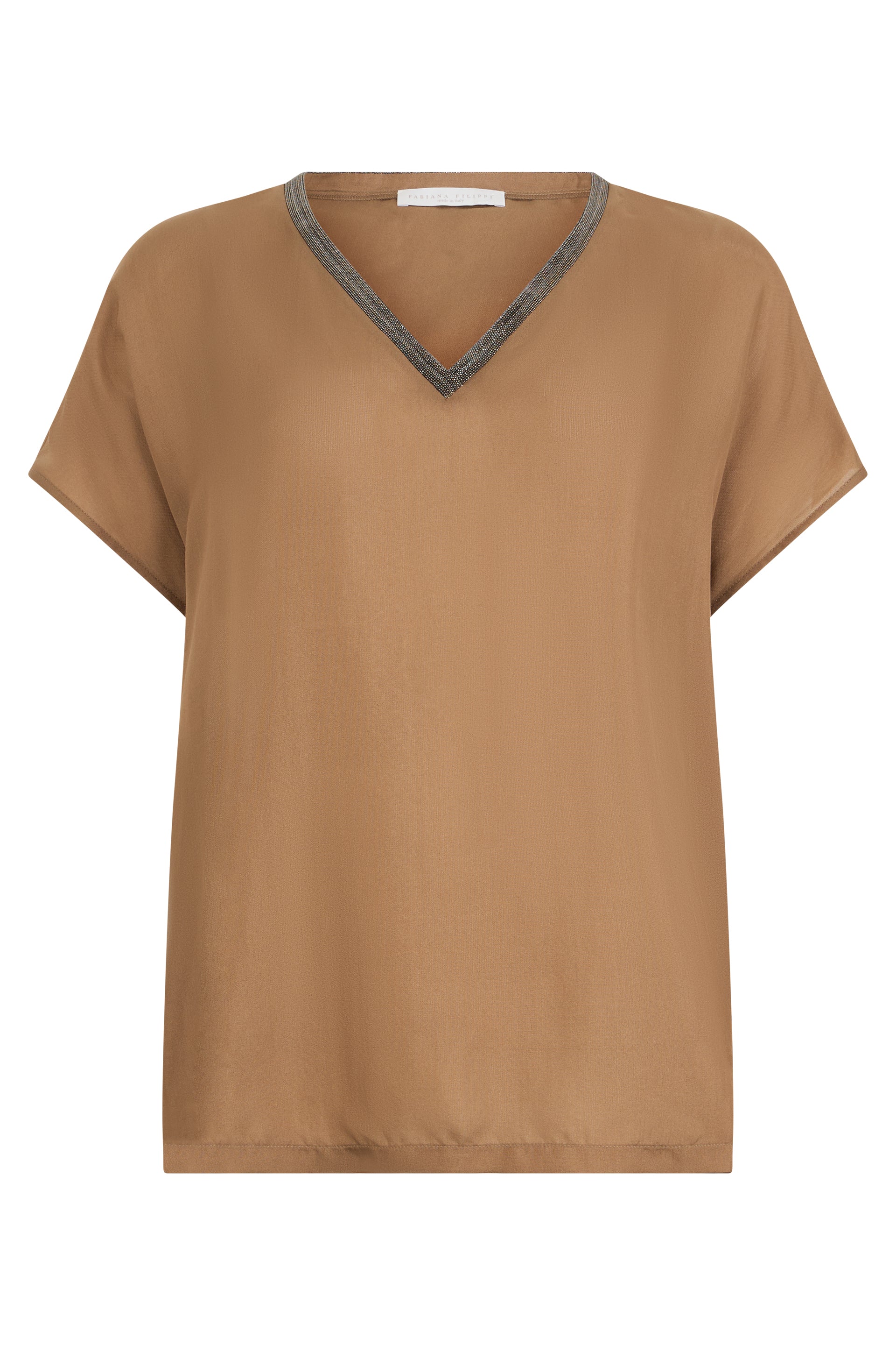 Camel-colored blouse with V-neck, minimalist and chic.