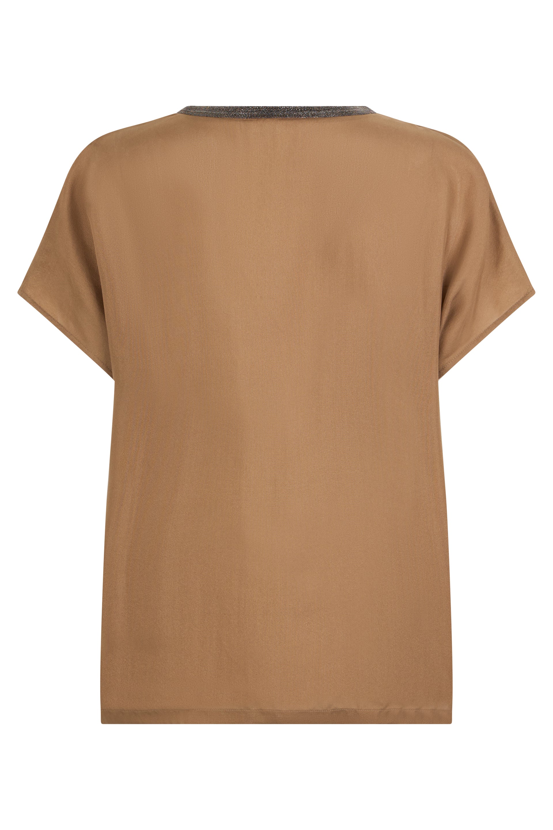 Camel-colored blouse with V-neck, minimalist and chic.