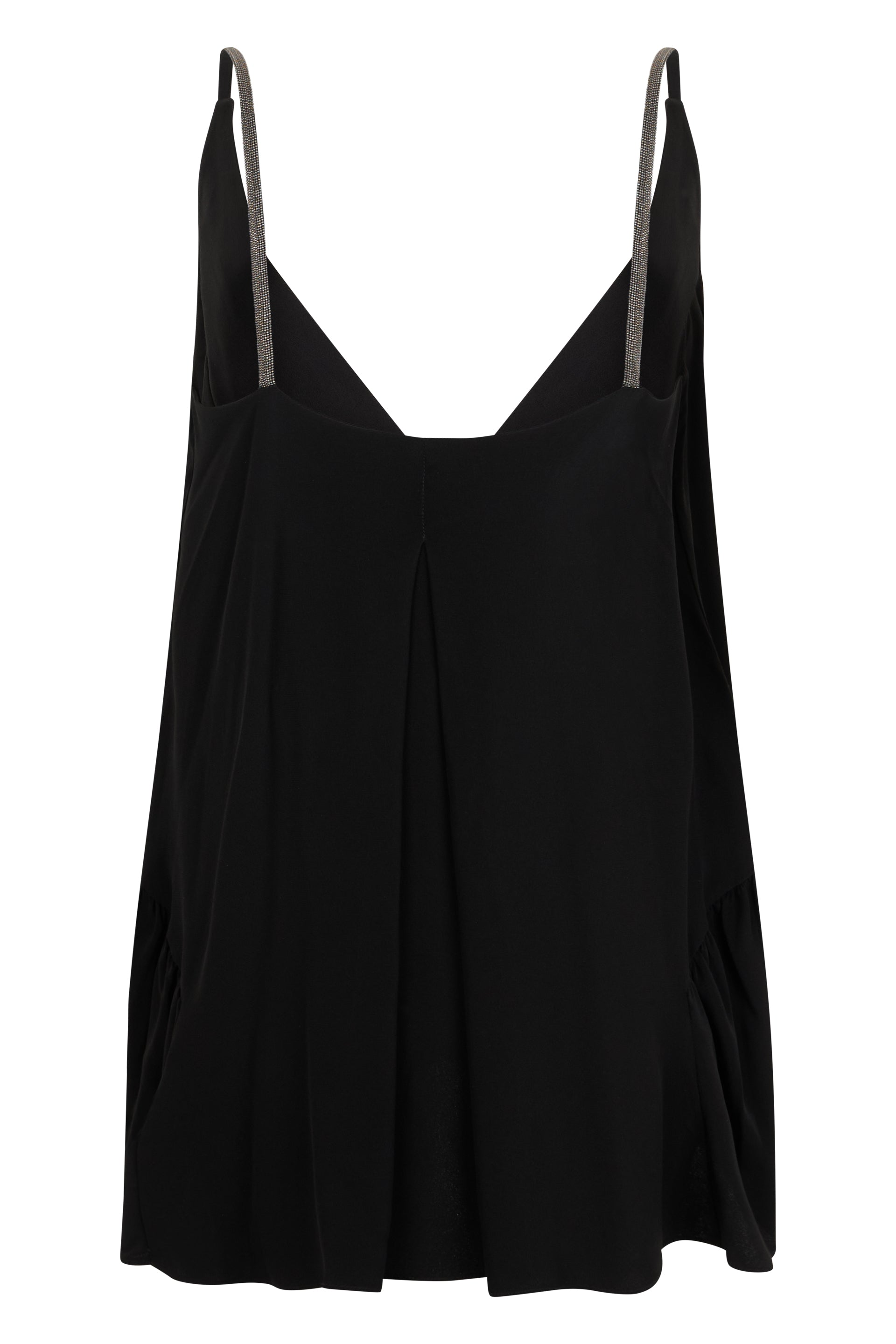Short black dress without sleeves, elegant and versatile.