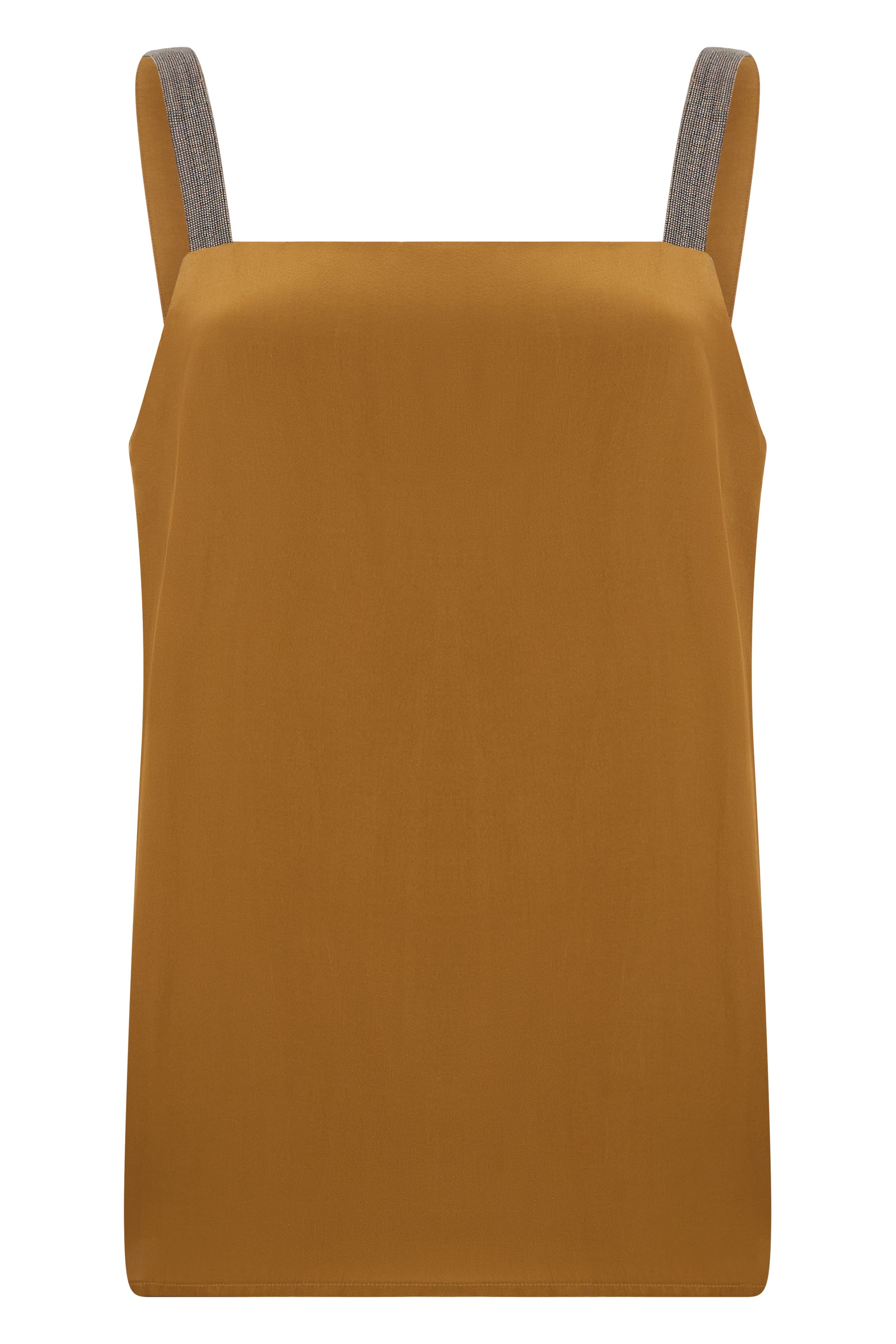 Sleeveless camel-colored top, summer and elegant.