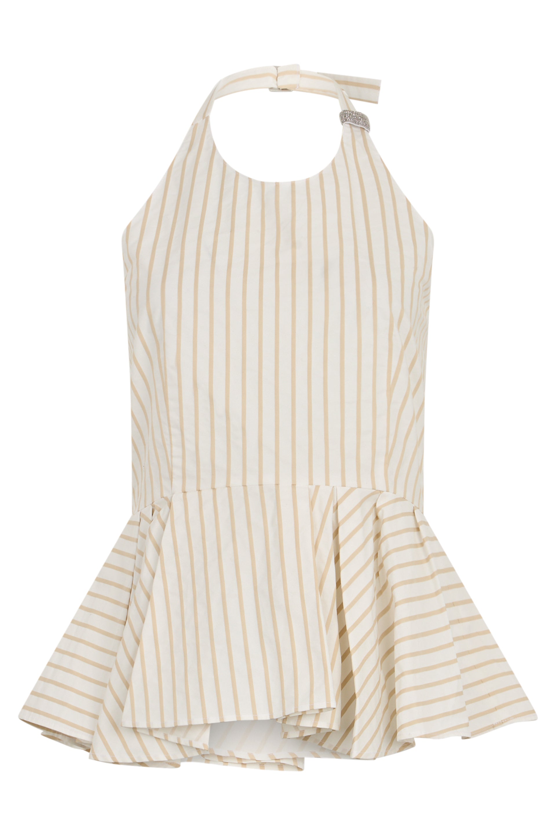 Short white cream dress with beige stripes without sleeves, casual and elegant.