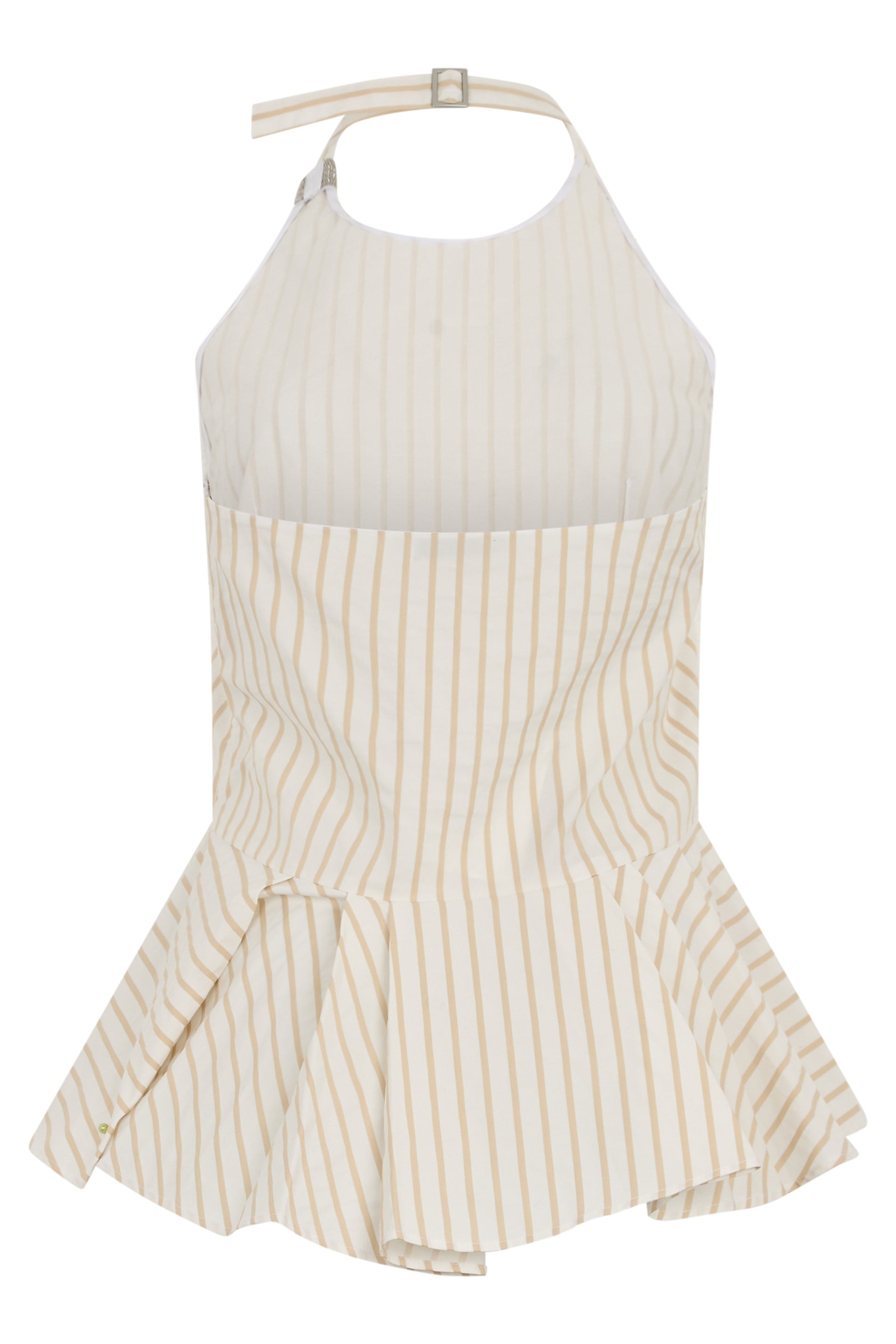 Short white cream dress with beige stripes without sleeves, casual and elegant.