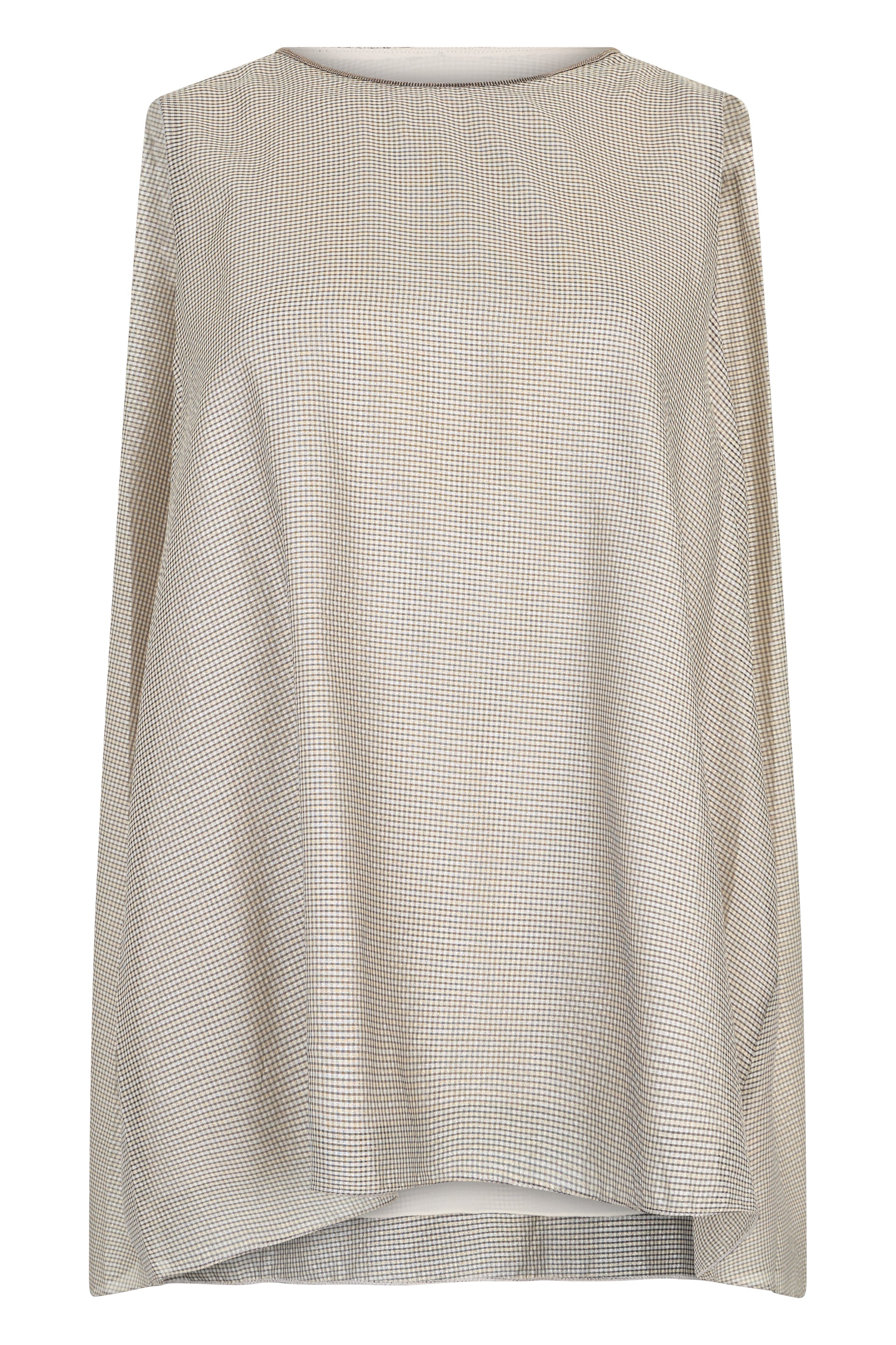 Beige top with checked pattern of casual and versatile design.