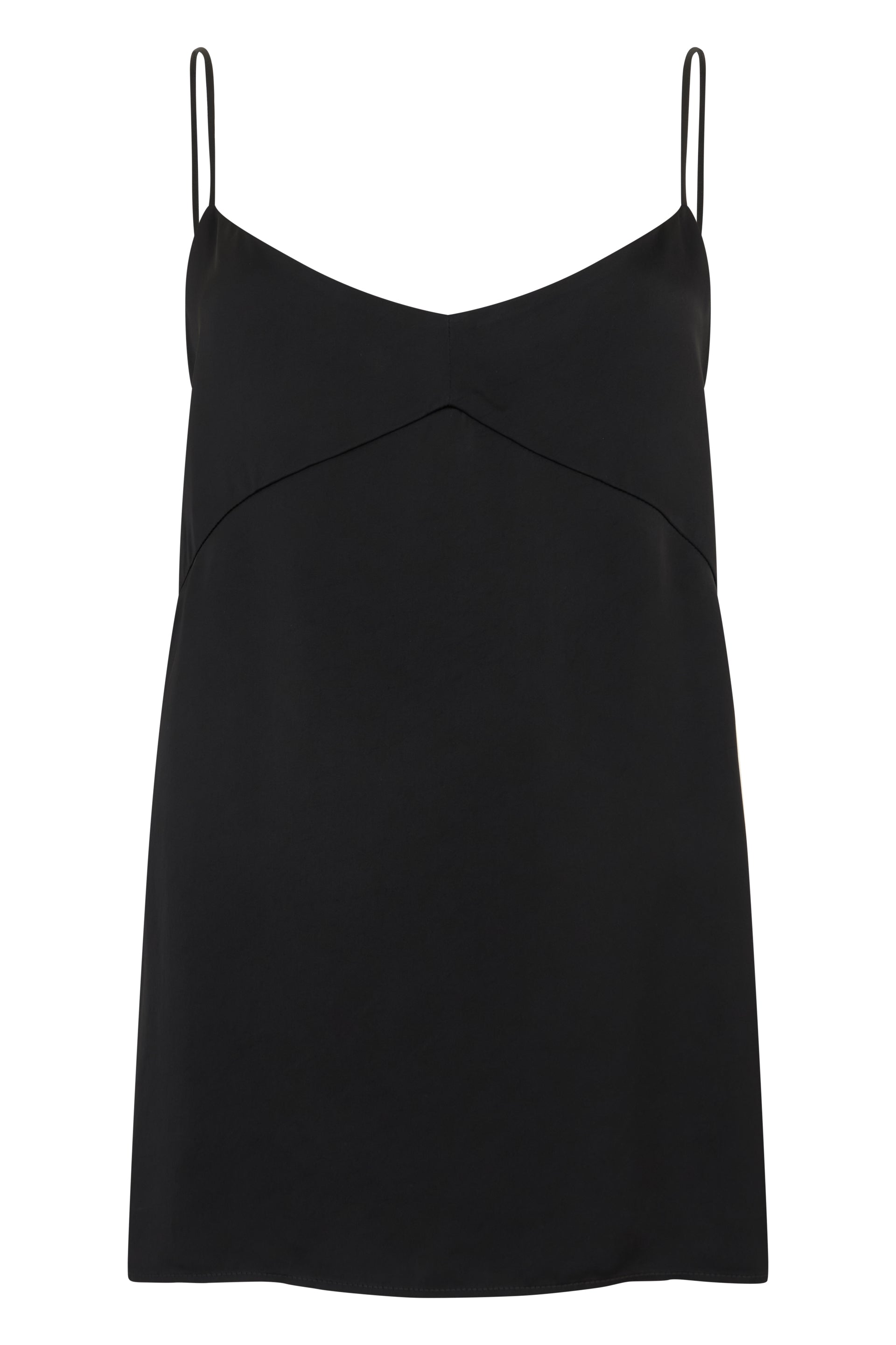 Black top with thin straps, elegant and versatile.